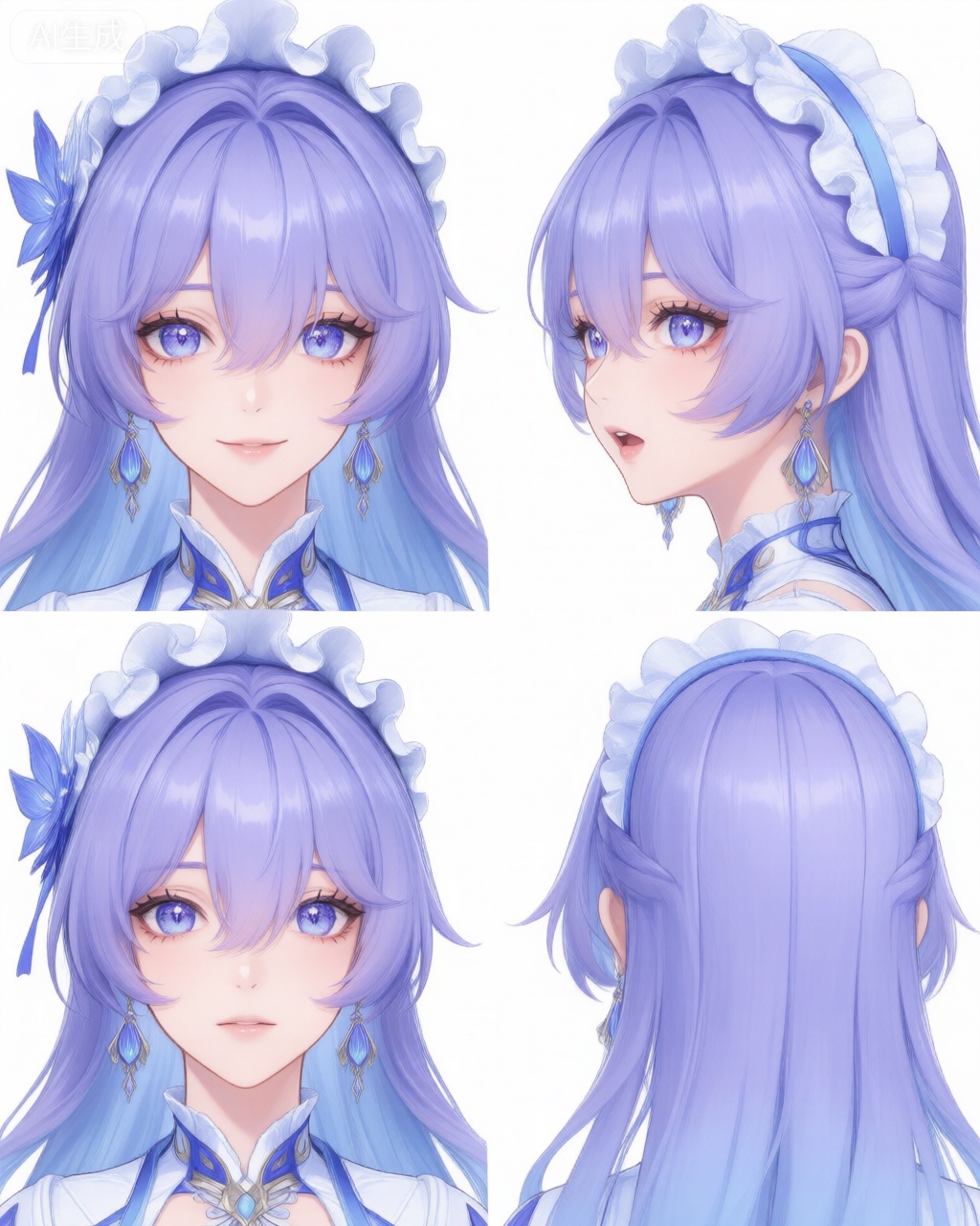 这幅画是对一个女孩的多个头部角度的数字绘制,表现出她不同的表情和视角。女孩的头发是紫色的,长且柔软,佩戴着一头白色和蓝色花边的头巾。她的眼色也是紫蓝色,眼神清澈,表现出不同的情绪：左上角的女孩有柔和的微笑,左下角的女孩是冷静的,右上角的女孩是惊讶的,右下角的女孩是侧面看向前方。

她戴着蓝色和金色的垂坠耳环,左上角的女孩还佩戴了一个蓝色花朵状饰品。她的皮肤是光滑的,呈现出浅紫色的妆容。她的服装是白色的,带有蓝色和金色的装饰。头巾的花边是细致的,花朵状饰品是精致的,垂坠耳环是镶金的。

这幅画的风格是现代风格的数字绘制,注重细致的颜色和形状。女孩的外貌是美丽的,具有典型的动漫风格。整个画的色彩是柔和的紫色和蓝色,背景是简单的白色。画中的人物的表情和姿态是细致的,表现出不同情绪和视角。