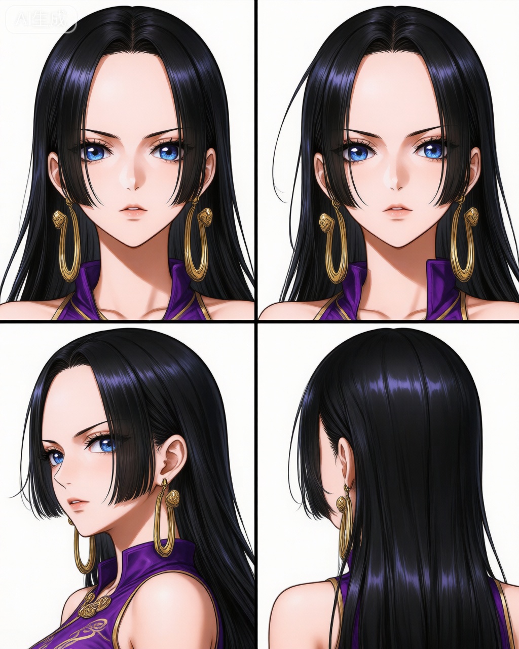 这是一幅精确的动画风格的人物四个视角图,描绘了一位有着黑色长直发、蓝色眼眸的女性。她的发型在前三个视角上显示为平整且光滑,后视角则显示发尾更长。她的眼神在前两个视角上表现出严肃和冷漠,第三个视角则转为侧面,眼神保持冷漠。她的耳饰是金色的双圆形耳钉,非常醒目。她的衣着是紫色高领衬衫,带有金色纹饰,显示出一种古代或传统风格。她的皮肤是白皙的,脸庞是平坦的,鼻子是小而直的。她的唇色是自然的,表情保持冷漠。整个图像的风格是清晰、精确的,具有动画的特点,尤其是在耳饰和纹饰的描绘上。这个人物的设计可能是来自某种动画或游戏中的角色,表现出一种强烈的古代风格。