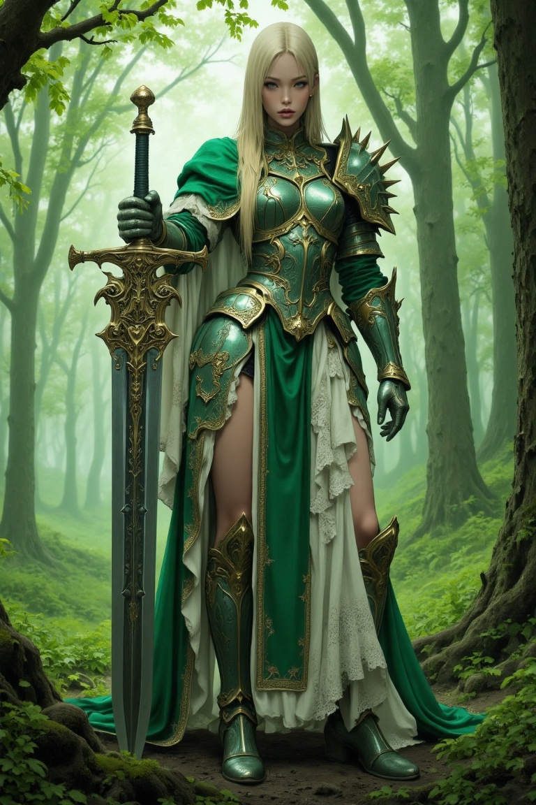 The image depicts a highly detailed and intricate character standing in a lush,  forest-like environment. The character is...