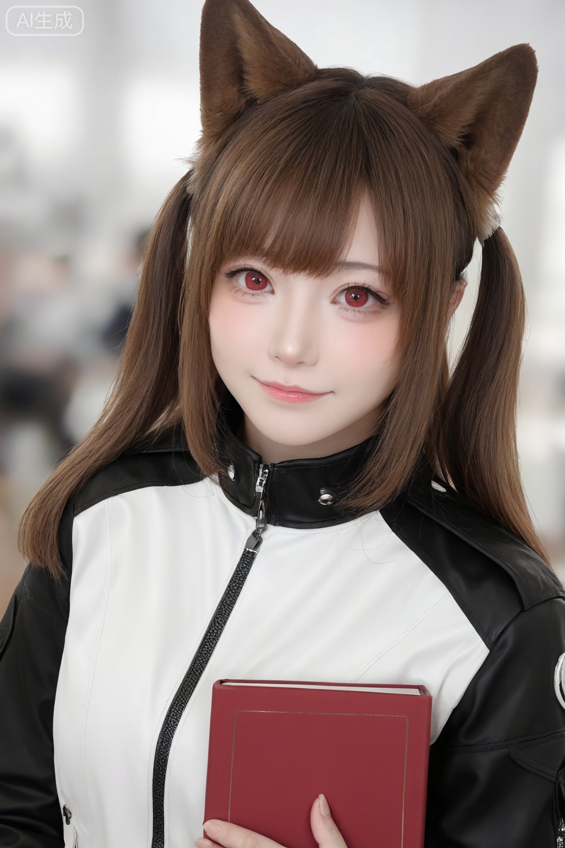 masterpiece, high quality, realistic, photorealistic, real life BREAK
1girl, solo, long hair, looking at viewer, smile, bangs, brown hair, red eyes, animal ears, hair between eyes, closed mouth, jacket, upper body, blurry, lips, book, blurry background, dog ears, dog girl,
BREAK
realistic skin,real skin texture,natural skin,photorealistic,Zi yan,
