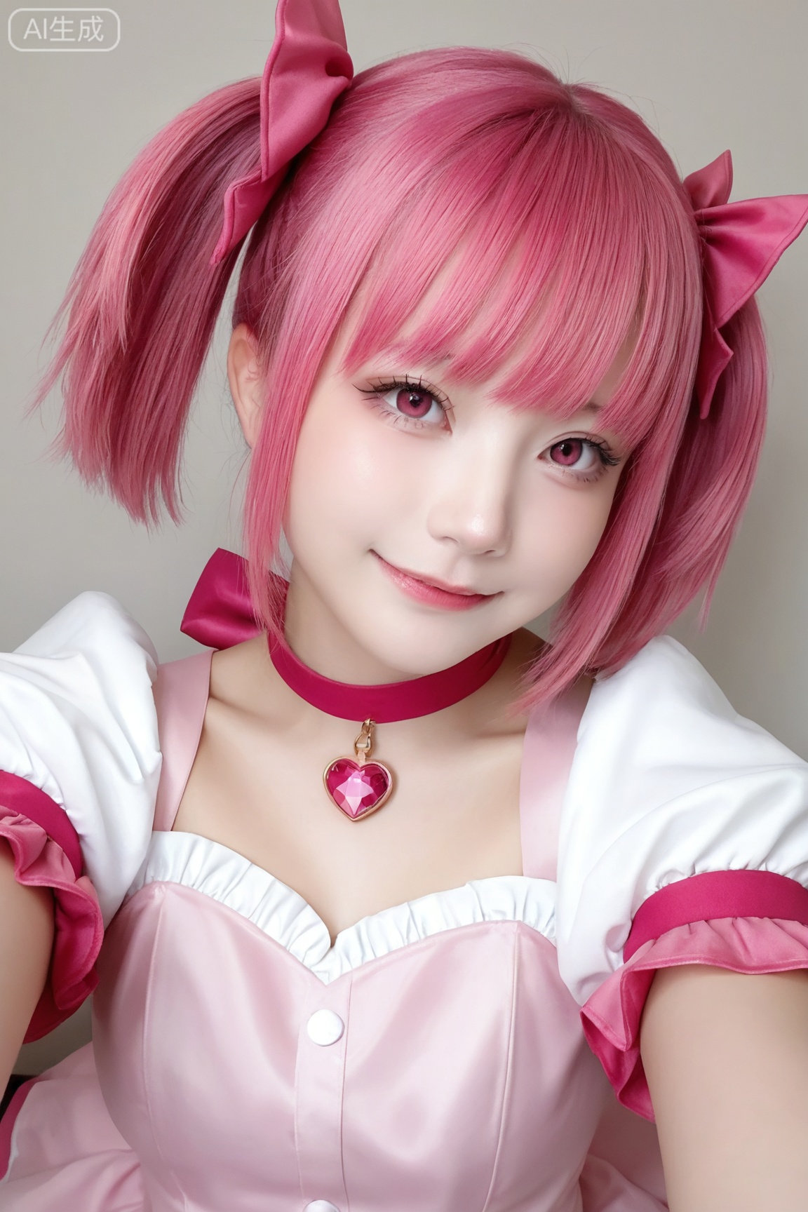 masterpiece, high quality, realistic, photorealistic, real life BREAK
1girl, solo, looking at viewer, smile, short hair, twintails, pink hair, choker, pink eyes, cosplay, magical girl, short twintails, realistic, selfie, 
BREAK
realistic skin,real skin texture,natural skin,photorealistic,Zi yan,
