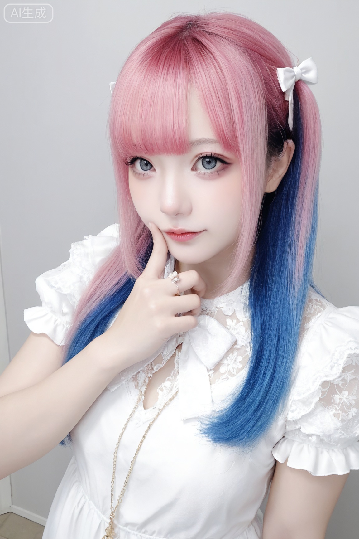 masterpiece, high quality, realistic, photorealistic, real life BREAK
1girl, solo, long hair, bangs, blue eyes, dress, bow, jewelry, blue hair, upper body, pink hair, short sleeves, multicolored hair, blunt bangs, white dress, two-tone hair, grey eyes, ring, white bow, split-color hair, 
BREAK
realistic skin,real skin texture,natural skin,photorealistic,Zi yan,