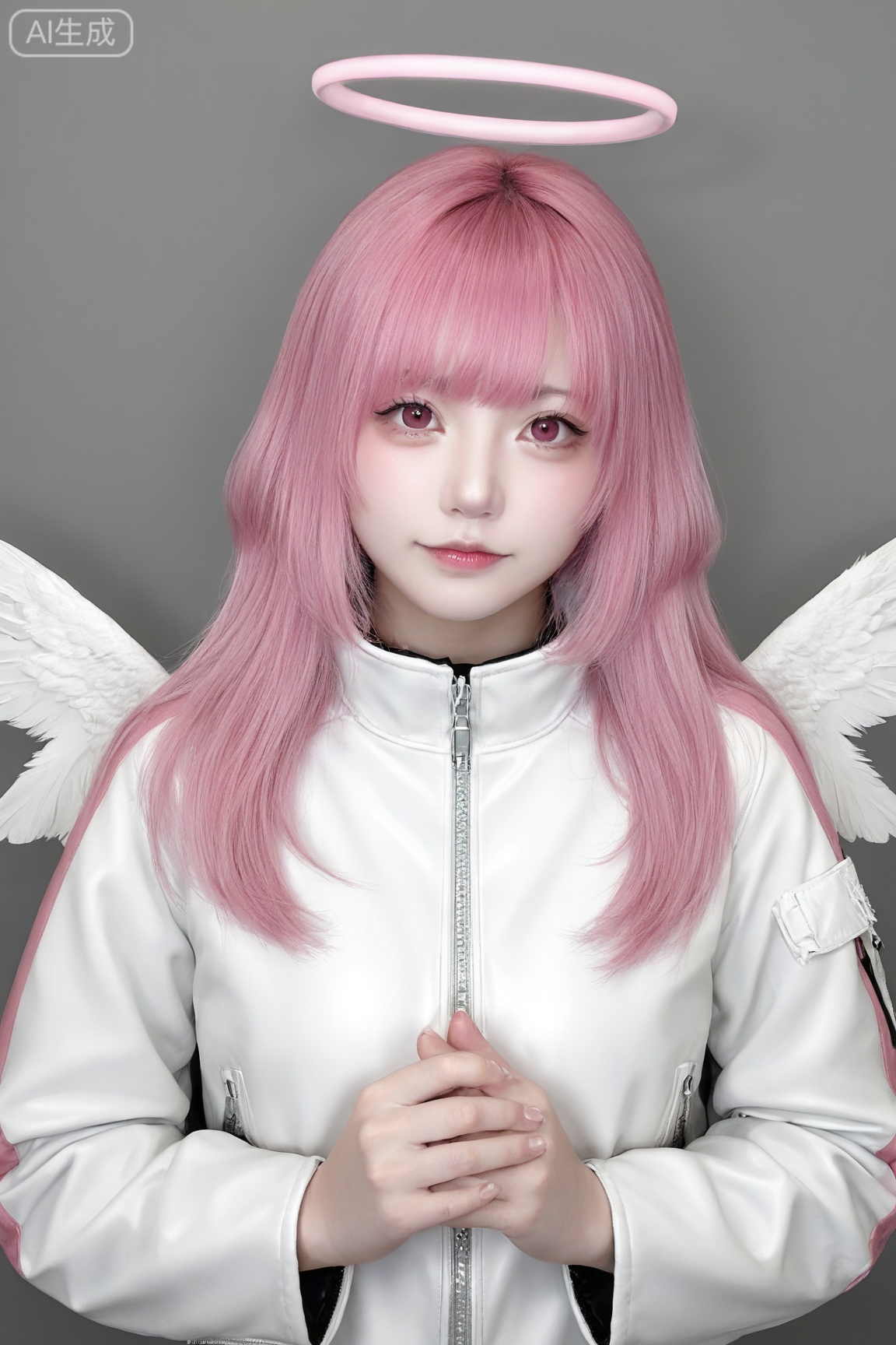 masterpiece, high quality, realistic, photorealistic, real life BREAK
1girl, solo, long hair, looking at viewer, bangs, long sleeves, jacket, upper body, pink hair, wings, pink eyes, halo, own hands together, zipper, 
BREAK
realistic skin,real skin texture,natural skin,photorealistic,Zi yan,