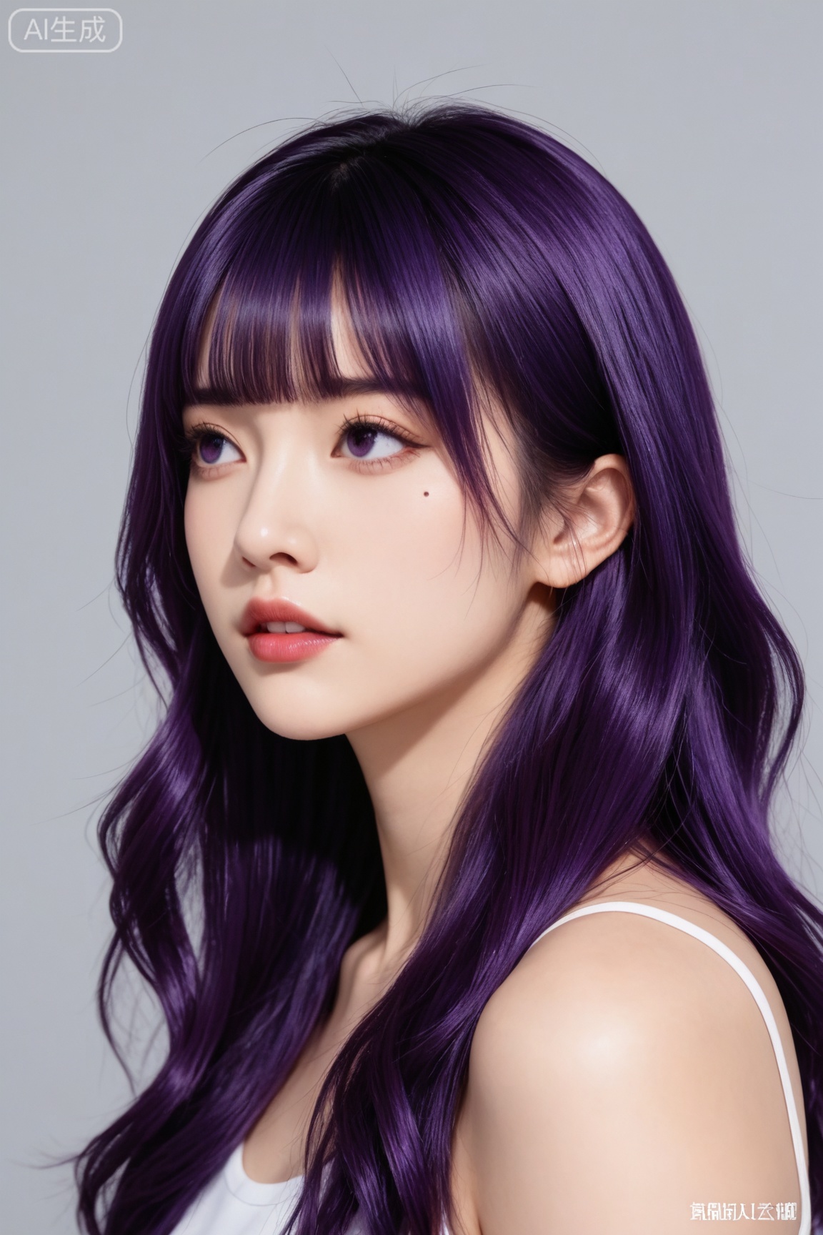 masterpiece, high quality, realistic, photorealistic, real life BREAK
1girl, solo, long hair, bangs, bare shoulders, purple eyes, collarbone, upper body, purple hair, parted lips, teeth, artist name, blunt bangs, grey background, mole, lips, looking to the side, mole under eye, looking away, realistic, nose, red lips,
BREAK
realistic skin,real skin texture,natural skin,photorealistic,Zi yan,