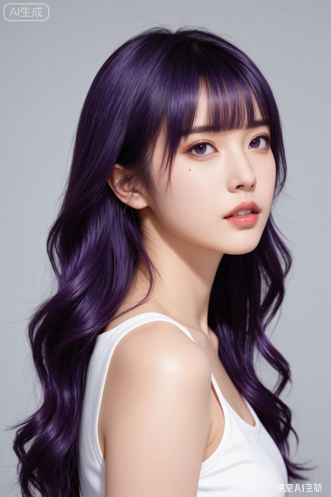 masterpiece, high quality, realistic, photorealistic, real life BREAK
1girl, solo, long hair, looking at viewer, bangs, shirt, purple eyes, white shirt, upper body, purple hair, parted lips, teeth, sleeveless, artist name, blunt bangs, grey background, mole, from side, lips, gradient, gradient background, mole under eye, **** top, looking up, realistic, nose,
BREAK
realistic skin,real skin texture,natural skin,photorealistic,Zi yan,