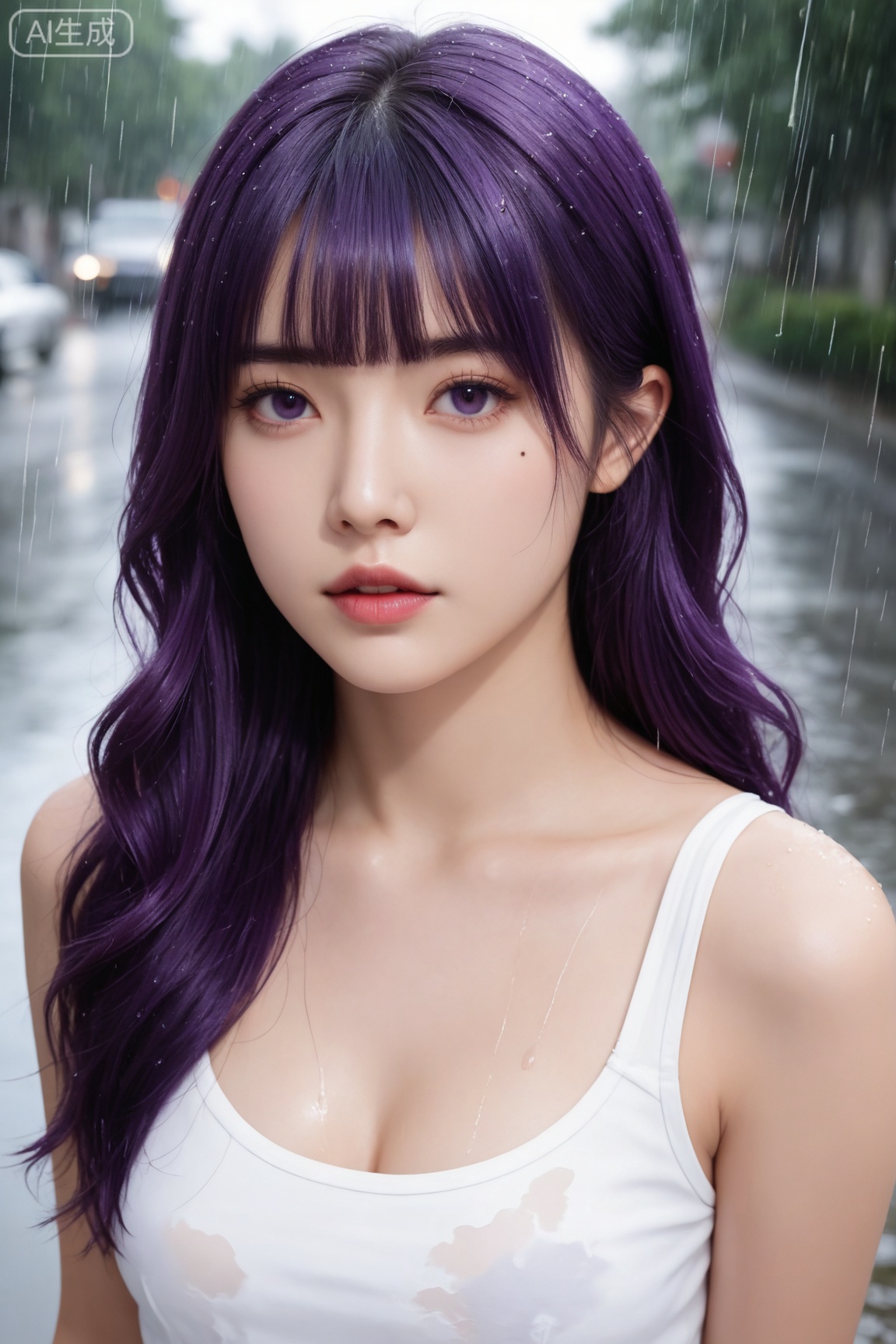masterpiece, high quality, realistic, photorealistic, real life BREAK
1girl, solo, long hair, breasts, looking at viewer, bangs, shirt, cleavage, purple eyes, white shirt, upper body, purple hair, small breasts, outdoors, parted lips, blunt bangs, mole, lips, mole under eye, **** top, rain, realistic,
BREAK
realistic skin,real skin texture,natural skin,photorealistic,Zi yan,