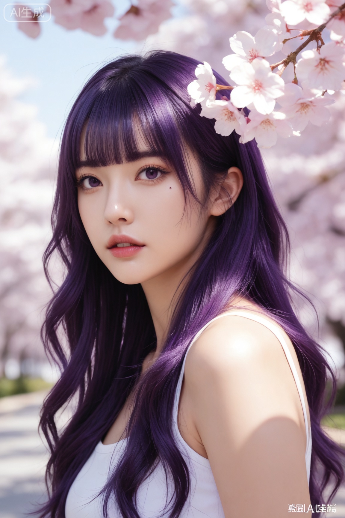 masterpiece, high quality, realistic, photorealistic, real life BREAK
1girl, solo, long hair, looking at viewer, bangs, purple eyes, upper body, purple hair, flower, outdoors, parted lips, day, artist name, blunt bangs, mole, blurry, lips, petals, mole under eye, cherry blossoms, realistic,
BREAK
realistic skin,real skin texture,natural skin,photorealistic,Zi yan,