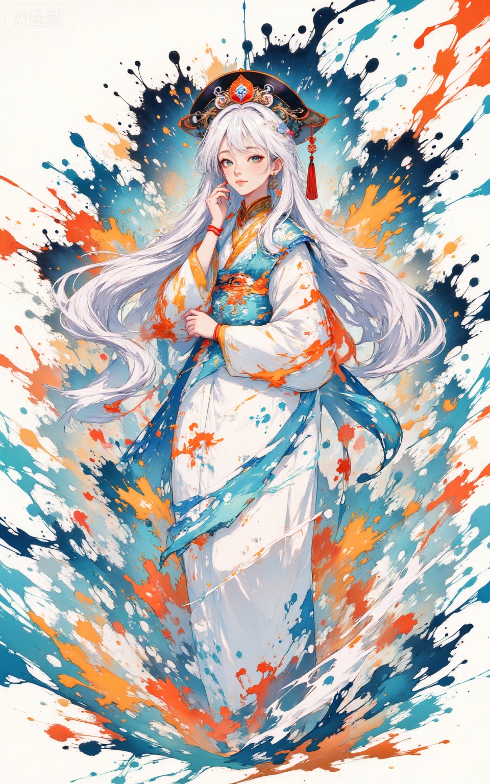 depth of field,masterpiece,best quality,very aesthetic,alternate costume,alternate costume,2024,2023,perfect composition,ultra-detailed,extreme aesthetic,masterpiece,best quality,good quality,newest,very aesthetic,absurdres,looking_at_viewer,colorful,
paint splatter,white background,simple background,
lvjing, 1girl, solo, long hair, white hair, jewelry, long sleeves, earrings, grey eyes, hat, hand up, hair ornament, closed mouth, waves, looking at viewer, wide sleeves, standing, tassel, chinese clothes, very long hair