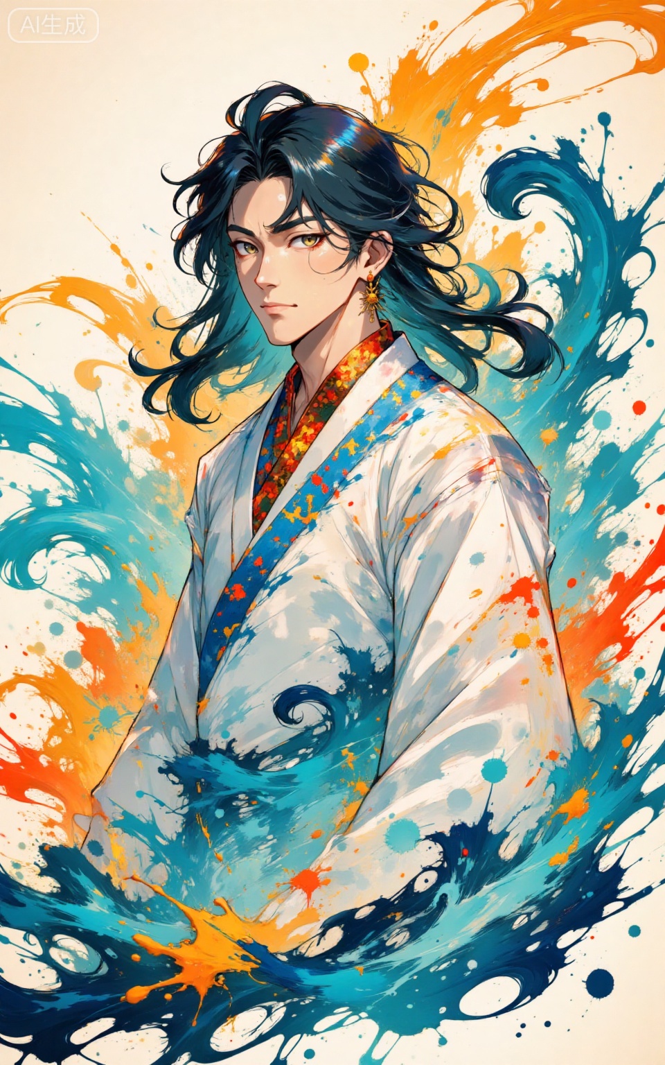 depth of field,masterpiece,best quality,very aesthetic,alternate costume,alternate costume,2024,2023,perfect composition,ultra-detailed,extreme aesthetic,masterpiece,best quality,good quality,newest,very aesthetic,absurdres,looking_at_viewer,colorful,
paint splatter,
lvjing,1boy,male focus,solo,long hair,black hair,chinese clothes,earrings,upper body,jewelry,waves,looking at viewer,hanfu,water,closed mouth,white robe,