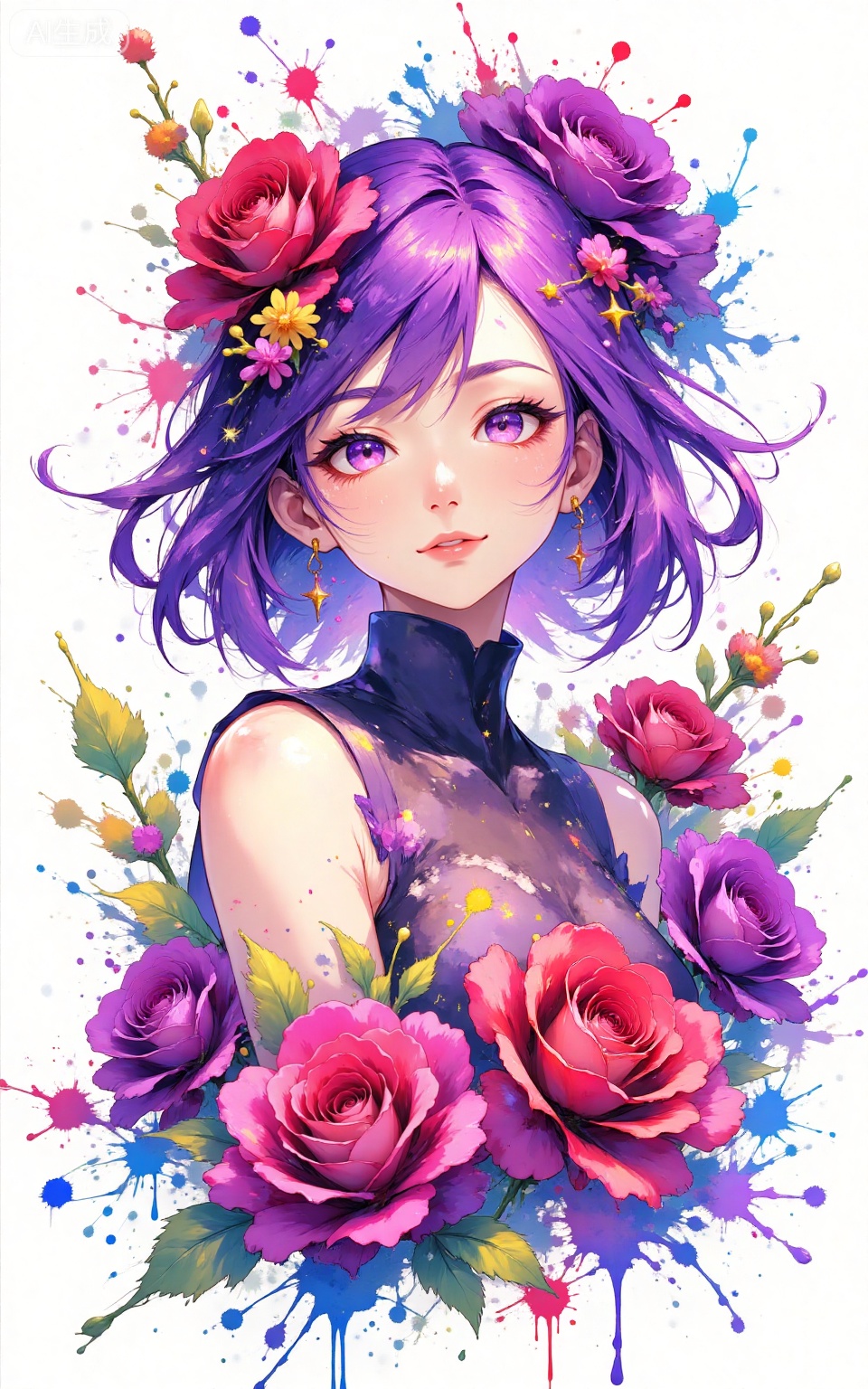 depth of field,masterpiece,best quality,very aesthetic,alternate costume,alternate costume,2024,2023,perfect composition,ultra-detailed,extreme aesthetic,masterpiece,best quality,good quality,newest,very aesthetic,absurdres,looking_at_viewer,colorful,
paint splatter,white background,simple background,
lvjing, 1girl, flower, solo, purple hair, purple eyes, purple flower, rose, hair flower, hair ornament, short hair, parted lips, red flower, looking at viewer, upper body, purple rose, sleeveless, red rose, white background, bare shoulders