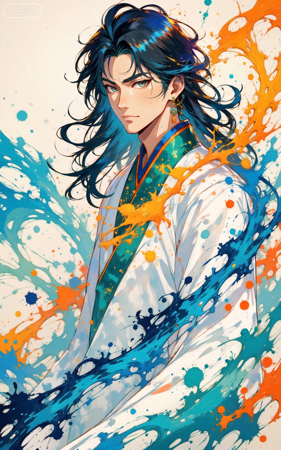 depth of field,masterpiece,best quality,very aesthetic,alternate costume,alternate costume,2024,2023,perfect composition,ultra-detailed,extreme aesthetic,masterpiece,best quality,good quality,newest,very aesthetic,absurdres,looking_at_viewer,colorful,
paint splatter,
lvjing,1boy,male focus,solo,long hair,black hair,chinese clothes,earrings,upper body,jewelry,waves,looking at viewer,hanfu,water,closed mouth,white robe,