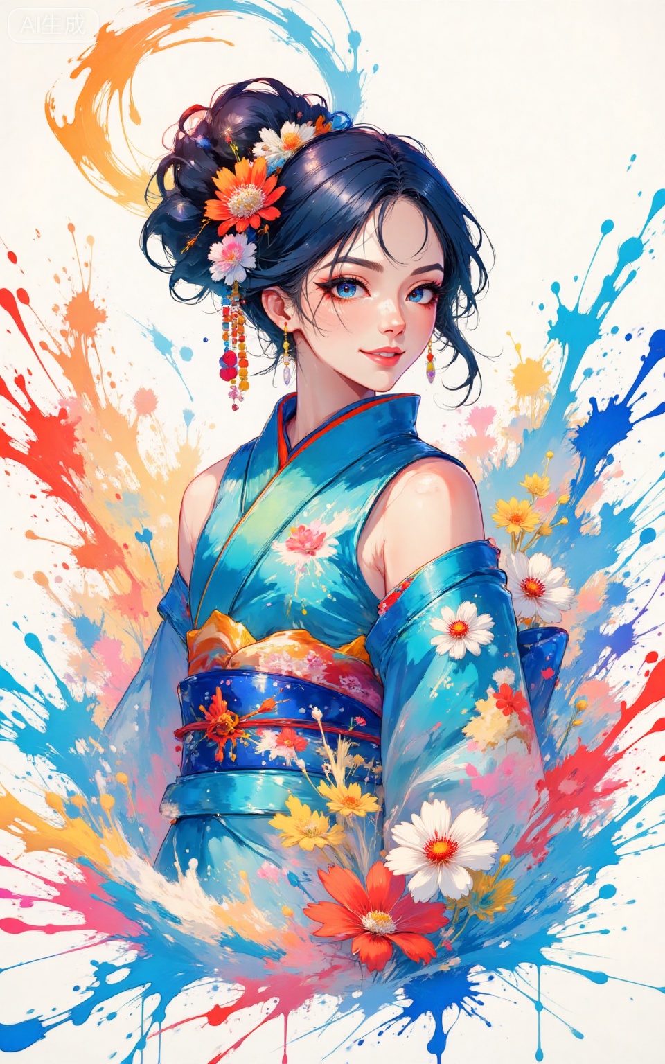 depth of field,masterpiece,best quality,very aesthetic,alternate costume,alternate costume,2024,2023,perfect composition,ultra-detailed,extreme aesthetic,masterpiece,best quality,good quality,newest,very aesthetic,absurdres,looking_at_viewer,colorful,
paint splatter,white background,simple background,
lvjing, 
1girl,breasts,solo,japanese clothes,hair ornament,kimono,flower,hair flower,sash,blue kimono,large breasts,choker,looking at viewer,cleavage,bare shoulders,obi,off shoulder,earrings,smile,jewelry,floral print,closed mouth,makeup,from side,long sleeves,
