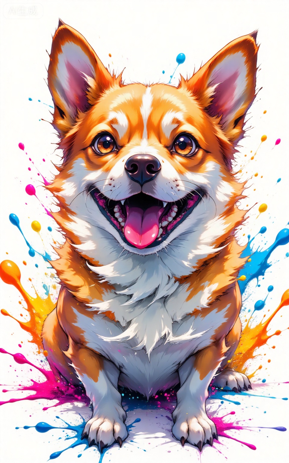 depth of field,masterpiece,best quality,very aesthetic,alternate costume,alternate costume,2024,2023,perfect composition,ultra-detailed,extreme aesthetic,masterpiece,best quality,good quality,newest,very aesthetic,absurdres,looking_at_viewer,colorful,
paint splatter,white background,simple background,
lvjing,no humans,dog,tongue,tongue out,animal focus,shiba inu,open mouth,looking at viewer,animal,brown eyes,orange fur,