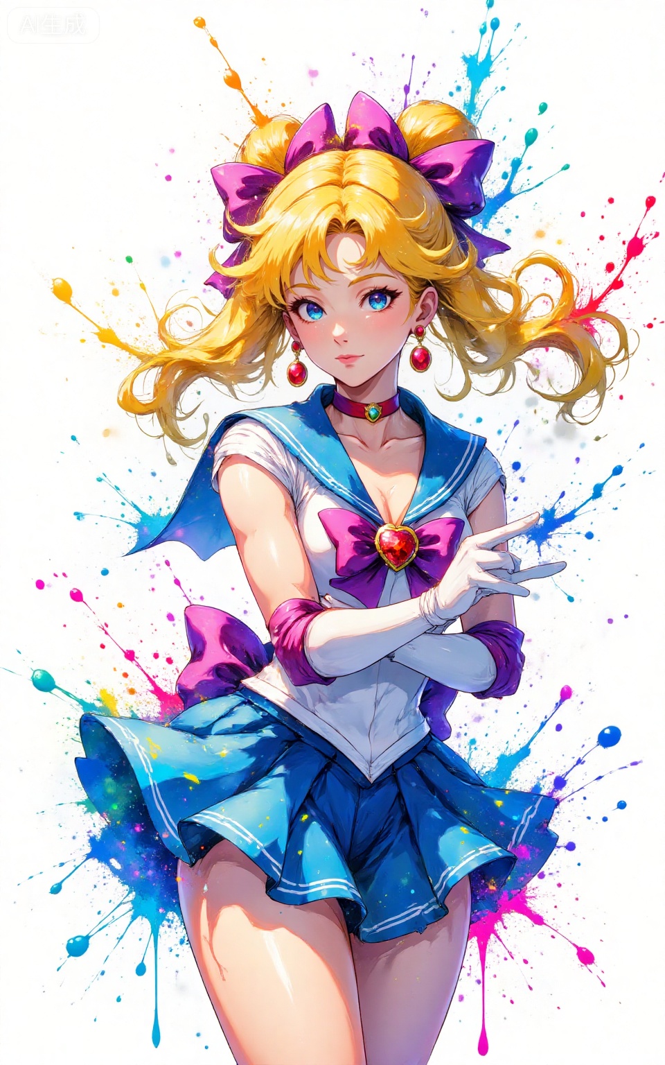 depth of field,masterpiece,best quality,very aesthetic,alternate costume,alternate costume,2024,2023,perfect composition,ultra-detailed,extreme aesthetic,masterpiece,best quality,good quality,newest,very aesthetic,absurdres,looking_at_viewer,colorful,
(paint:1.2),(paint splatter:1.2),white background,simple background,
lvjing, 
1girl,sailor senshi uniform,solo,jewelry,skirt,gloves,earrings,blue skirt,white gloves,sailor collar,bow,breasts,choker,elbow gloves,magical girl,back bow,covered navel,pleated skirt,looking at viewer,brooch,purple bow,heart brooch,red choker,miniskirt,closed mouth,large breasts,collarbone,red gemstone,tiara,cowboy shot,
