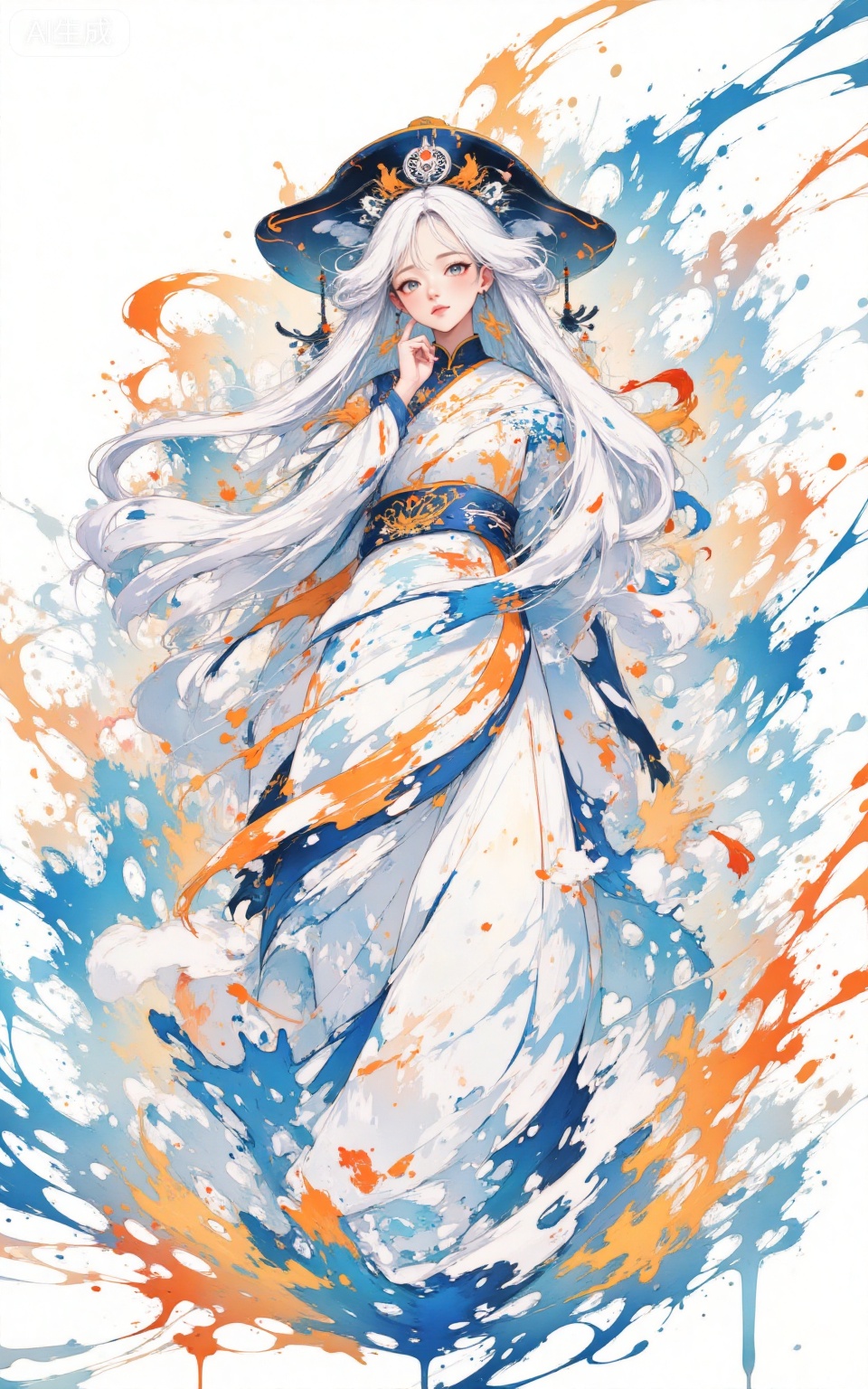 depth of field,masterpiece,best quality,very aesthetic,alternate costume,alternate costume,2024,2023,perfect composition,ultra-detailed,extreme aesthetic,masterpiece,best quality,good quality,newest,very aesthetic,absurdres,looking_at_viewer,colorful,
paint splatter,white background,simple background,
lvjing, 1girl, solo, long hair, white hair, jewelry, long sleeves, earrings, grey eyes, hat, hand up, hair ornament, closed mouth, waves, looking at viewer, wide sleeves, standing, tassel, chinese clothes, very long hair