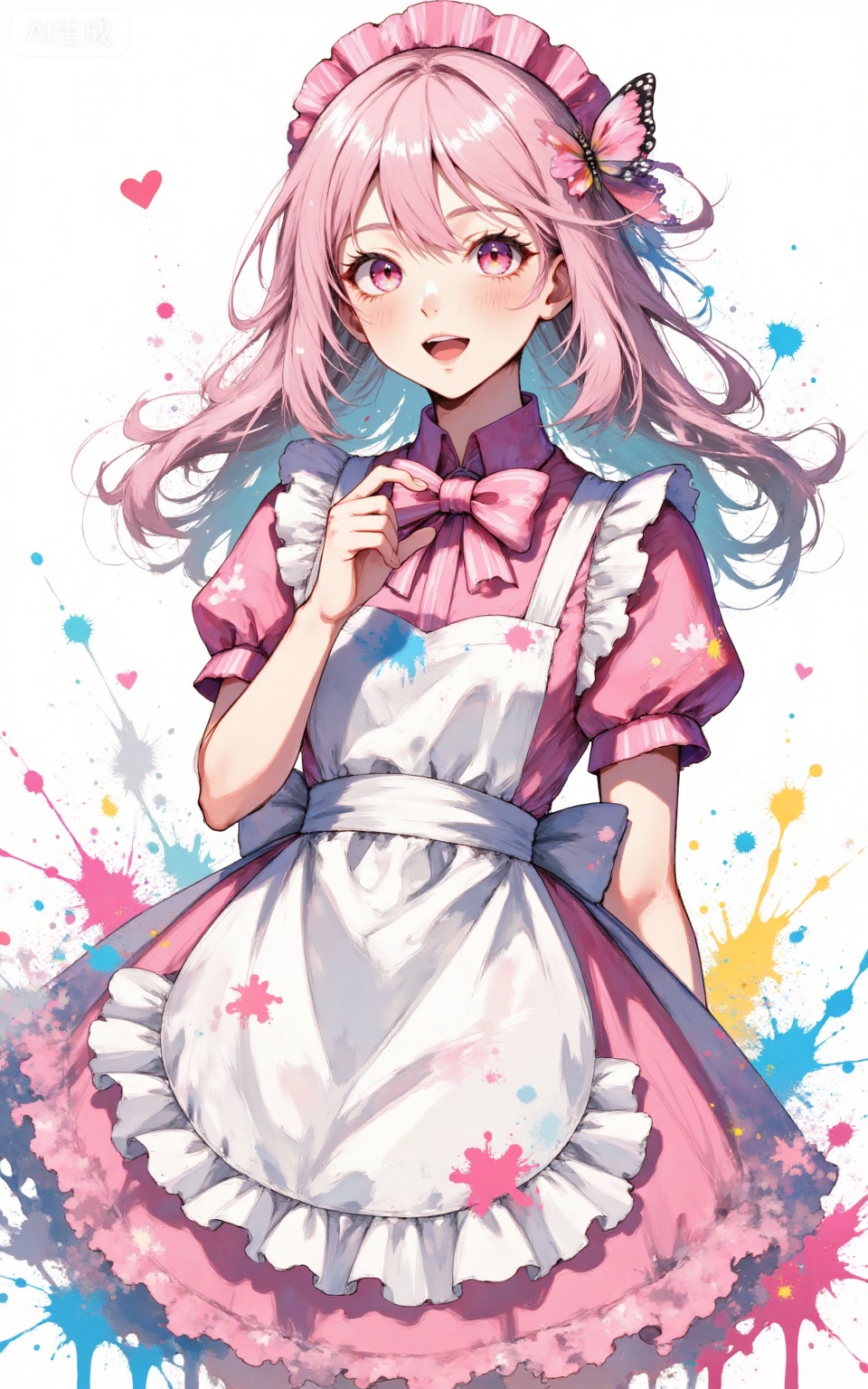 depth of field,masterpiece,best quality,very aesthetic,alternate costume,alternate costume,2024,2023,perfect composition,ultra-detailed,extreme aesthetic,masterpiece,best quality,good quality,newest,very aesthetic,absurdres,looking_at_viewer,colorful,
paint splatter,white background,simple background,paint splatter background,paint on body,
lvjing, 
1girl,solo,bandaid on hand,butterfly hair ornament,heart,long hair,apron,open mouth,pink bowtie,hair ornament,white background,pink bow,short sleeves,dress,simple background,bow,striped bow,hair between eyes,shadow,puffy sleeves,frills,puffy short sleeves,heart hands,bowtie,hands up,grey apron,smile,looking at viewer,striped bowtie,symbol-shaped pupils,heart-shaped pupils,symbol in eye,grey bow,
