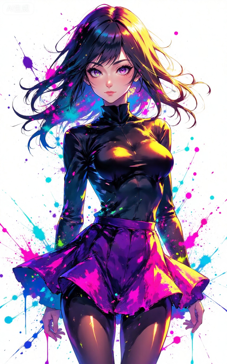 depth of field,masterpiece,best quality,very aesthetic,alternate costume,alternate costume,2024,2023,perfect composition,ultra-detailed,extreme aesthetic,masterpiece,best quality,good quality,newest,very aesthetic,absurdres,looking_at_viewer,colorful,
paint splatter,white background,simple background,
lvjing, 
1girl,breasts,skirt,solo,pantyhose,large breasts,purple skirt,covered navel,long sleeves,taut clothes,miniskirt,pleated skirt,turtleneck,black shirt,shirt,black pantyhose,taut shirt, 