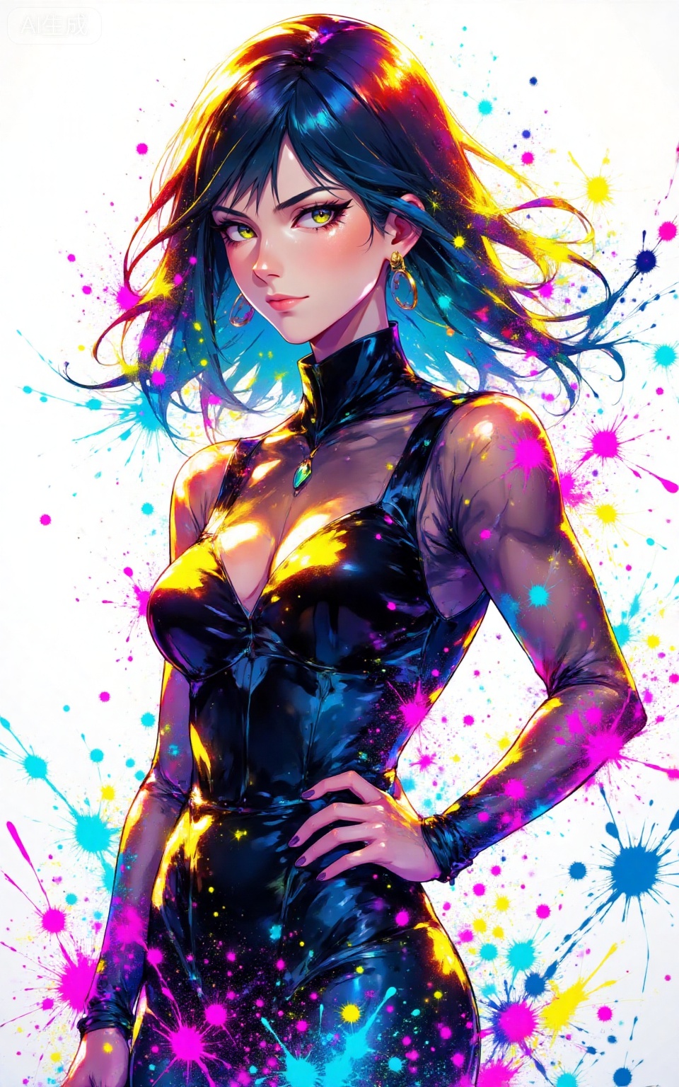 depth of field,masterpiece,best quality,very aesthetic,alternate costume,alternate costume,2024,2023,perfect composition,ultra-detailed,extreme aesthetic,masterpiece,best quality,good quality,newest,very aesthetic,absurdres,looking_at_viewer,colorful,
paint splatter,white background,simple background,
lvjing, 
1girl,solo,jewelry,earrings,see-through,dress,upper body,black dress,hand on own hip,breasts,see-through sleeves, 