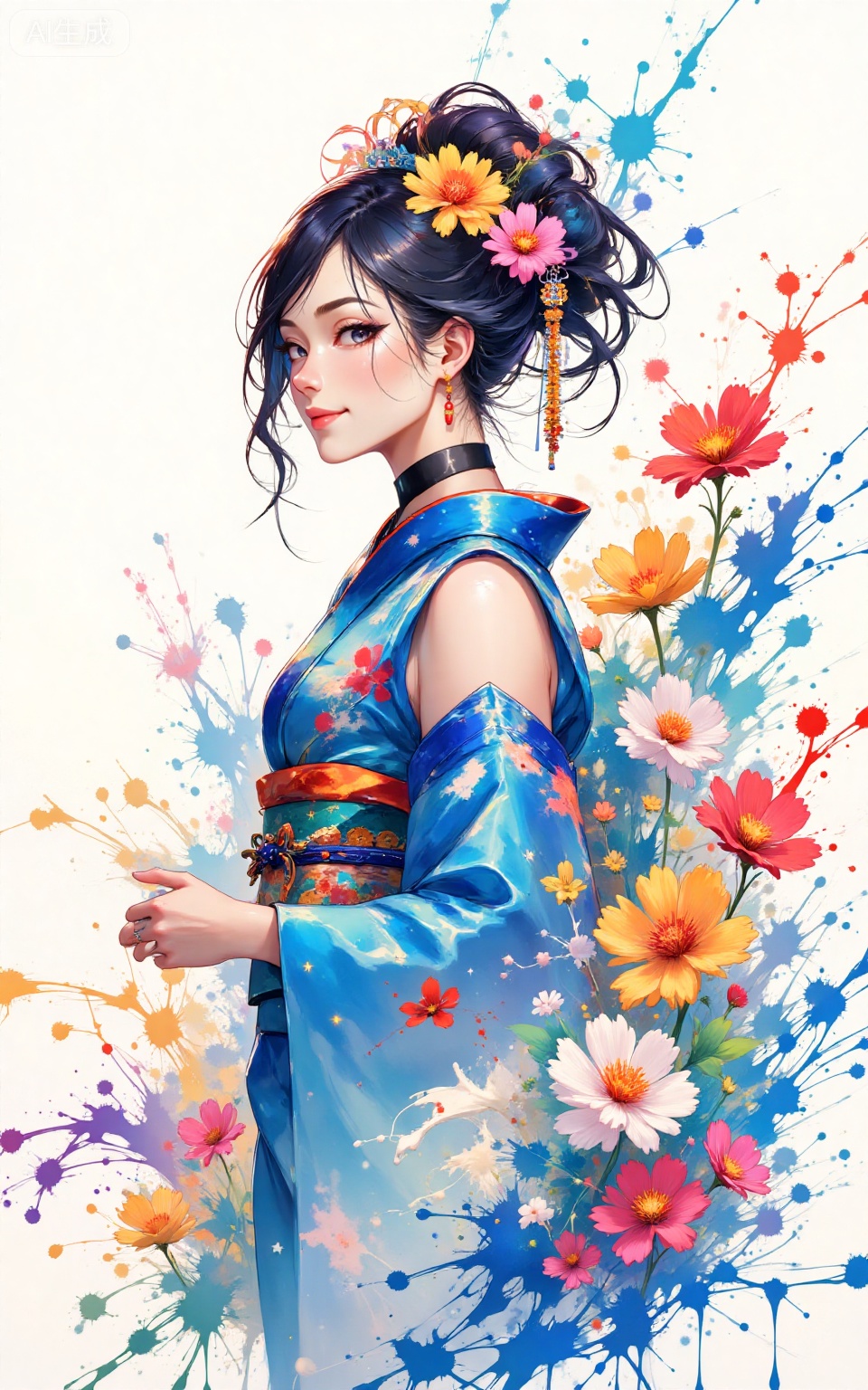 depth of field,masterpiece,best quality,very aesthetic,alternate costume,alternate costume,2024,2023,perfect composition,ultra-detailed,extreme aesthetic,masterpiece,best quality,good quality,newest,very aesthetic,absurdres,looking_at_viewer,colorful,
paint splatter,white background,simple background,
lvjing, 
1girl,breasts,solo,japanese clothes,hair ornament,kimono,flower,hair flower,sash,blue kimono,large breasts,choker,looking at viewer,cleavage,bare shoulders,obi,off shoulder,earrings,smile,jewelry,floral print,closed mouth,makeup,from side,long sleeves,
