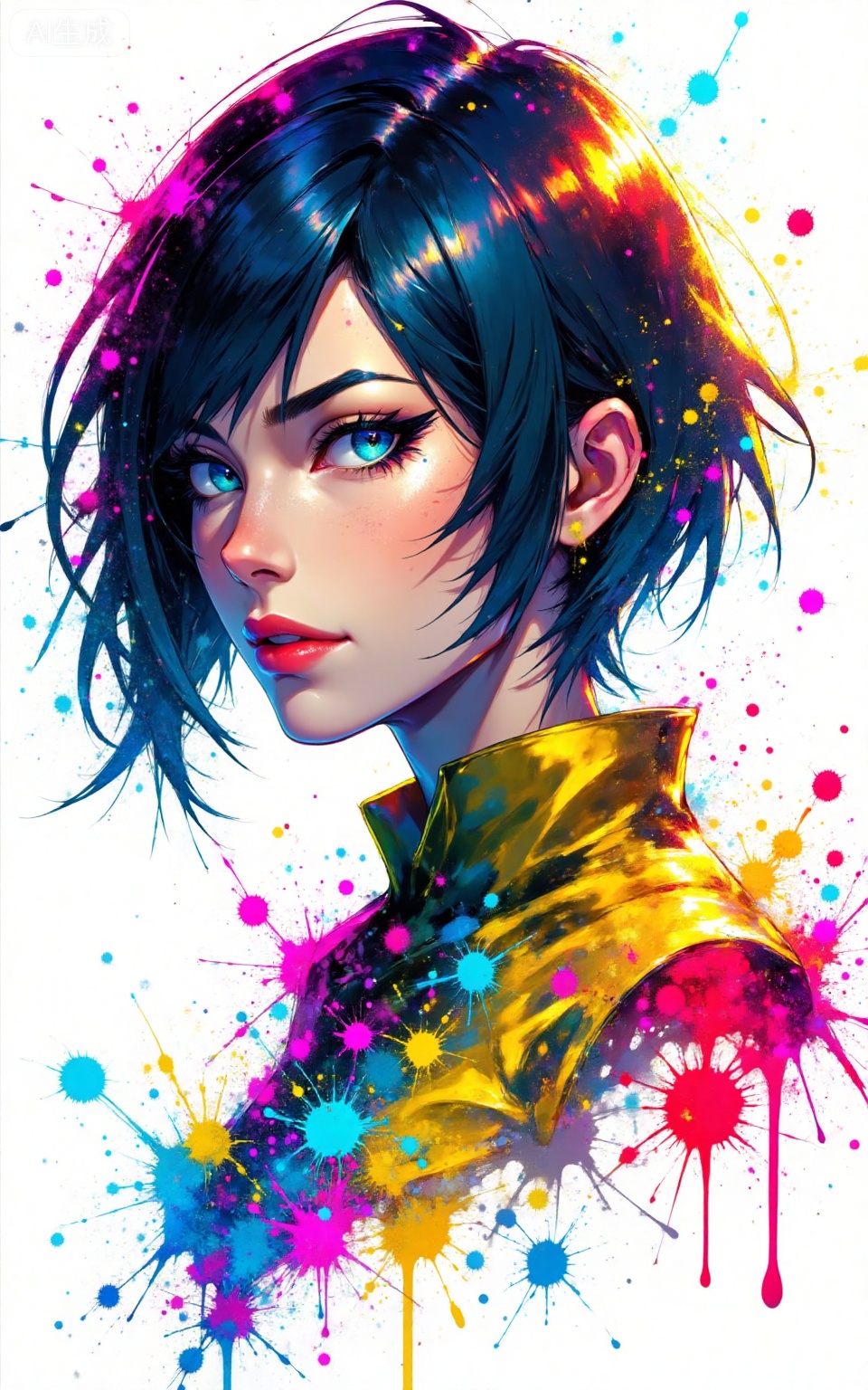 depth of field,masterpiece,best quality,very aesthetic,alternate costume,alternate costume,2024,2023,perfect composition,ultra-detailed,extreme aesthetic,masterpiece,best quality,good quality,newest,very aesthetic,absurdres,looking_at_viewer,colorful,
paint splatter,
lvjing,1girl,solo,black hair,blue eyes,mole,paint splatter,portrait,parted lips,white background,looking at viewer,mole under eye,short hair,red lips,lips,shirt,simple background,paint,