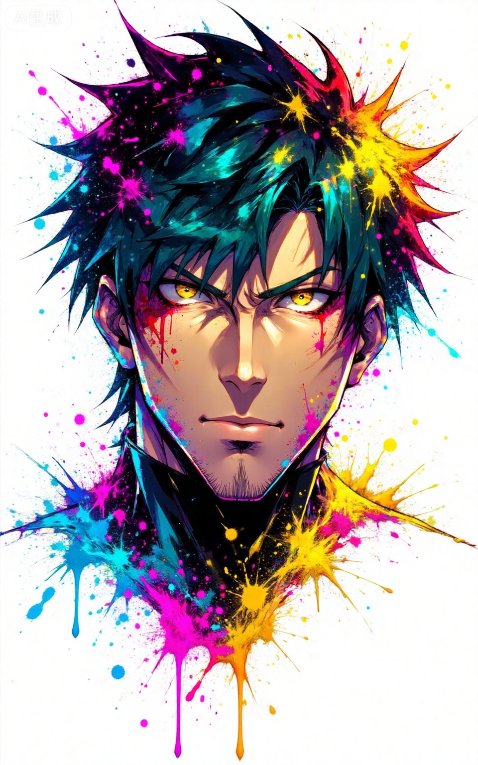 depth of field,masterpiece,best quality,very aesthetic,alternate costume,alternate costume,2024,2023,perfect composition,ultra-detailed,extreme aesthetic,masterpiece,best quality,good quality,newest,very aesthetic,absurdres,looking_at_viewer,colorful,
lvjing, 1boy, male focus, solo, yellow eyes, paint splatter, looking at viewer, blood, facial hair, white background, black hair, portrait, closed mouth, simple background, short hair, blood on face