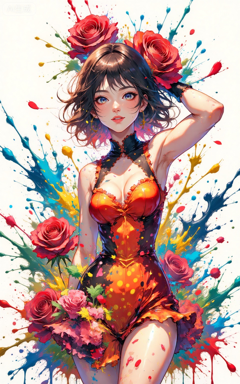 depth of field,masterpiece,best quality,very aesthetic,alternate costume,alternate costume,2024,2023,perfect composition,ultra-detailed,extreme aesthetic,masterpiece,best quality,good quality,newest,very aesthetic,absurdres,looking_at_viewer,colorful,
paint splatter,white background,simple background,paint splatter background,paint on body,
lvjing, 
1girl, breasts, solo, polka dot, flower, dress, rose, polka dot dress, large breasts, red flower, armpits, petals, red rose, arms up, sideboob, sleeveless, frills, rose petals,
