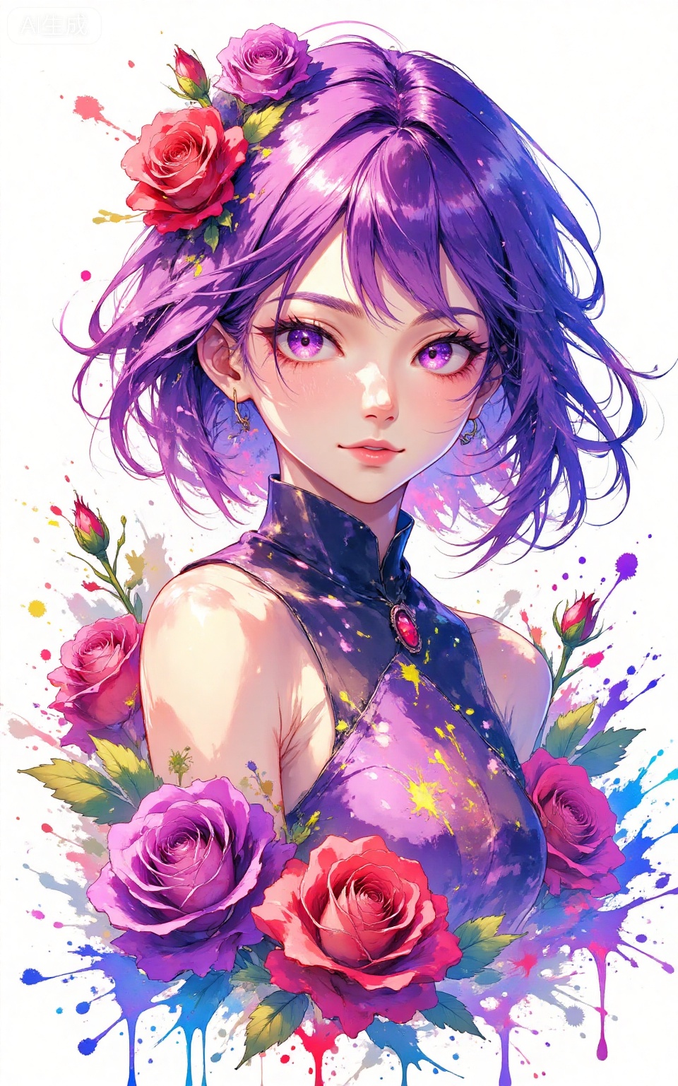 depth of field,masterpiece,best quality,very aesthetic,alternate costume,alternate costume,2024,2023,perfect composition,ultra-detailed,extreme aesthetic,masterpiece,best quality,good quality,newest,very aesthetic,absurdres,looking_at_viewer,colorful,
paint splatter,white background,simple background,
lvjing, 1girl, flower, solo, purple hair, purple eyes, purple flower, rose, hair flower, hair ornament, short hair, parted lips, red flower, looking at viewer, upper body, purple rose, sleeveless, red rose, white background, bare shoulders