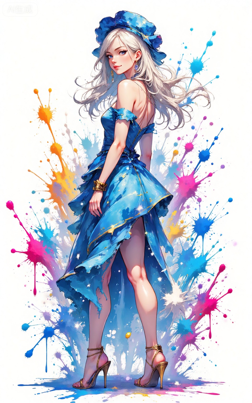 depth of field,masterpiece,best quality,very aesthetic,alternate costume,alternate costume,2024,2023,perfect composition,ultra-detailed,extreme aesthetic,masterpiece,best quality,good quality,newest,very aesthetic,absurdres,looking_at_viewer,colorful,
paint splatter,white background,simple background,
lvjing, 
1girl,dress,solo,high heels,blue dress,jewelry,breasts,full body,earrings,backless dress,standing,from side,legs,backless outfit,bare shoulders,ass,looking at viewer,armlet,sandals,bare legs,side slit,