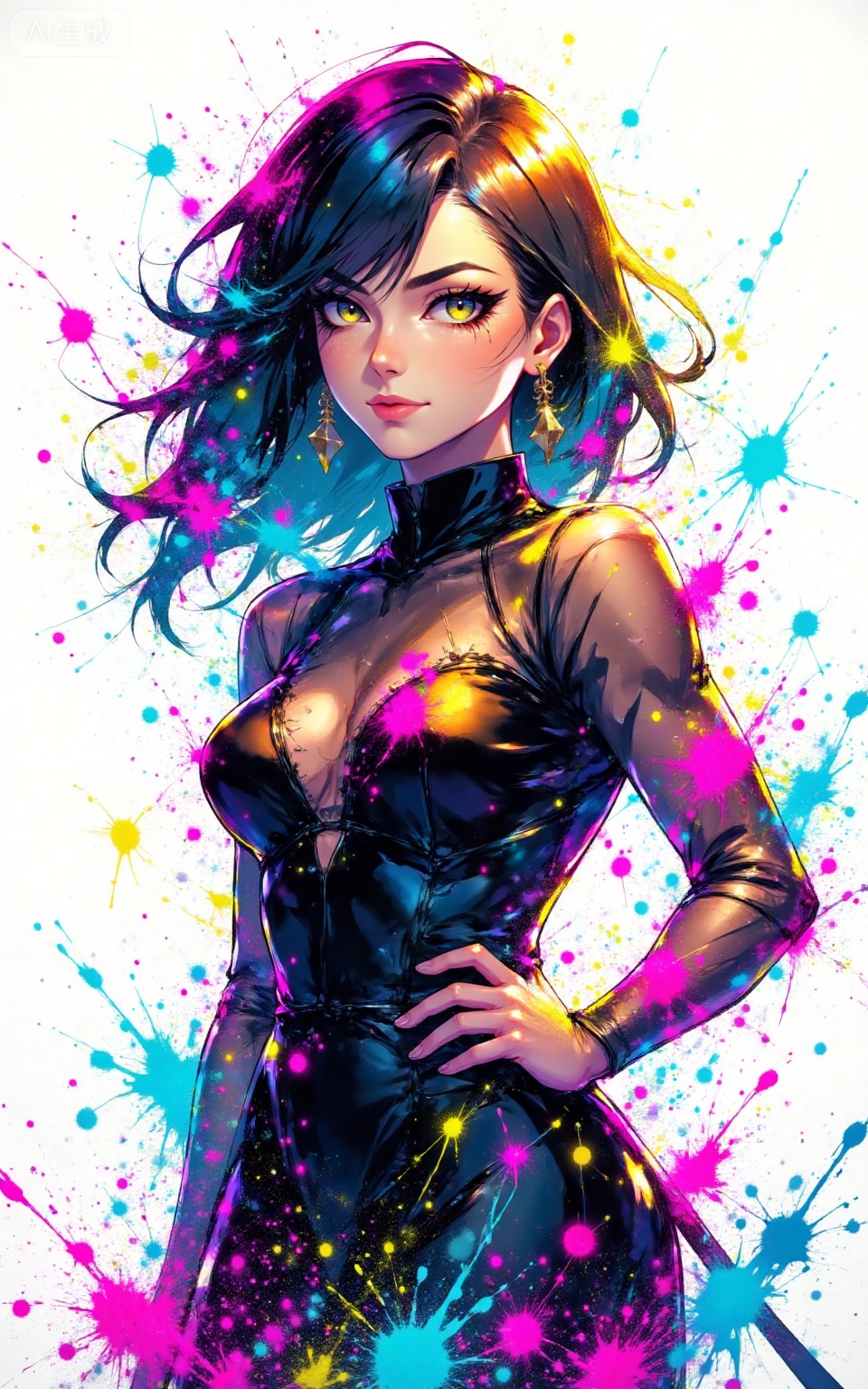 depth of field,masterpiece,best quality,very aesthetic,alternate costume,alternate costume,2024,2023,perfect composition,ultra-detailed,extreme aesthetic,masterpiece,best quality,good quality,newest,very aesthetic,absurdres,looking_at_viewer,colorful,
paint splatter,white background,simple background,
lvjing, 
1girl,solo,jewelry,earrings,see-through,dress,upper body,black dress,hand on own hip,breasts,see-through sleeves, 