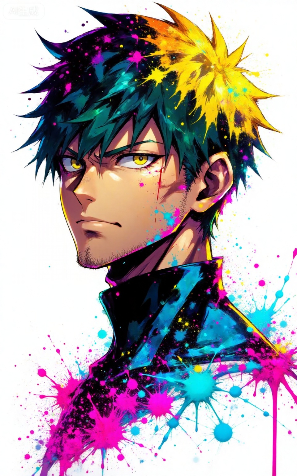 depth of field,masterpiece,best quality,very aesthetic,alternate costume,alternate costume,2024,2023,perfect composition,ultra-detailed,extreme aesthetic,masterpiece,best quality,good quality,newest,very aesthetic,absurdres,looking_at_viewer,colorful,
lvjing, 1boy, male focus, solo, yellow eyes, paint splatter, looking at viewer, blood, facial hair, white background, black hair, portrait, closed mouth, simple background, short hair, blood on face