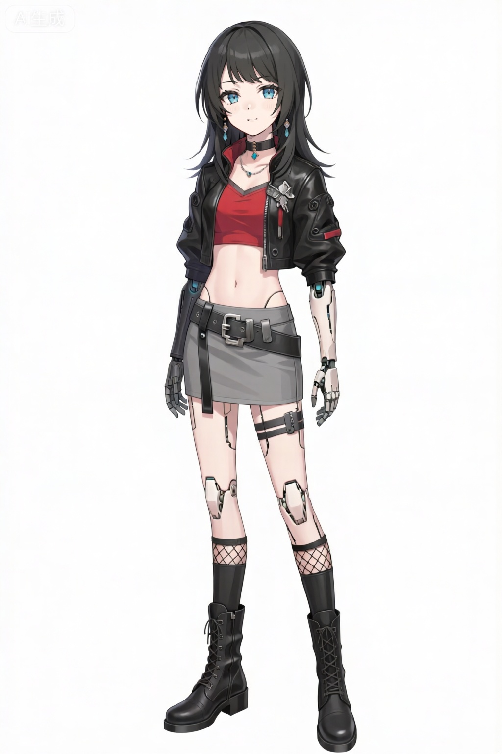 masterpiece, best quality,solo,white background,simple_background,Yahata Umiri,cybersaki_style,black hair,long hair,blue eyes,bangs,swept bangs,skirt,jewelry,jacket,earrings,choker,black jacket,red shirt,leather,leather jacket,navel,cropped jacket,android,joints,robot joints,boots,belt,black footwear,grey skirt,pencil skirt,fishnets