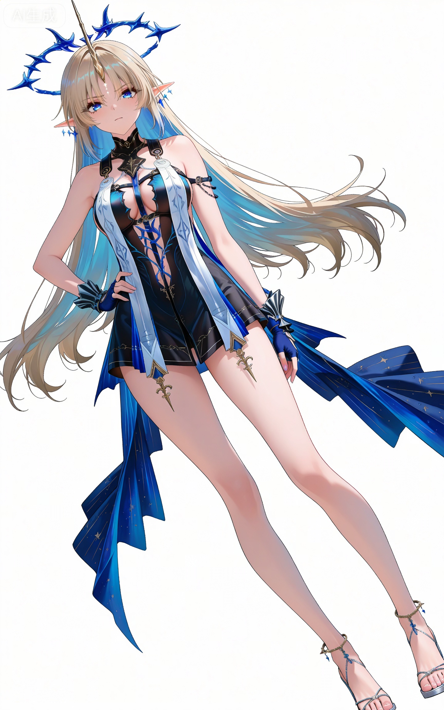 depth of field,masterpiece,best quality,very aesthetic,alternate costume,alternate costume,2024,2023,perfect composition,ultra-detailed,extreme aesthetic,masterpiece,best quality,good quality,newest,year 2024,year 2023,very aesthetic,absurdres,looking_at_viewer,colorful,
facial mark,long hair,blonde hair,blue eyes,pointy_ears,french braid,parted bangs,single horn,very long hair,katixiyabig halo,clothes:katixiyabig white an blue dress,katixiyabig short dress,katixiyabig blue cape,katixiyabig blue fingerless gloves,katixiyabig sleeveless dress,1girl,solo,barefoot,breasts,full body,jewelry,looking at viewer,white background,bare shoulders,bare legs,simple background,earrings,,toenails,toes,medium breasts,standing,closed mouth,,dutch angle,dynamic_angle,hand on hip,high heels