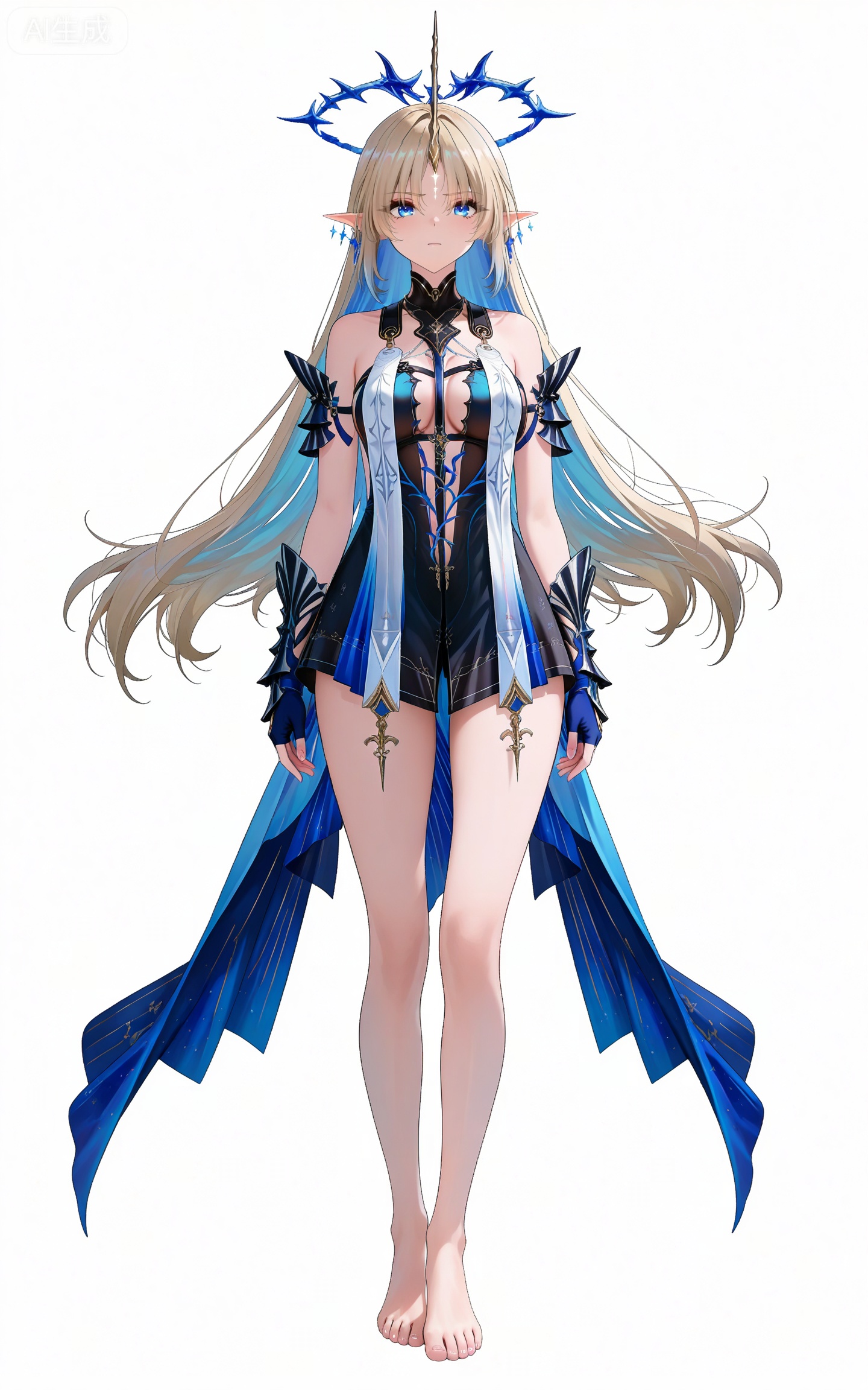 depth of field,masterpiece,best quality,very aesthetic,alternate costume,alternate costume,2024,2023,perfect composition,ultra-detailed,extreme aesthetic,masterpiece,best quality,good quality,newest,year 2024,year 2023,very aesthetic,absurdres,looking_at_viewer,colorful,
facial mark,long hair,blonde hair,blue eyes,pointy_ears,french braid,parted bangs,single horn,very long hair,katixiyabig halo,clothes:katixiyabig white an blue dress,katixiyabig short dress,katixiyabig blue cape,katixiyabig blue fingerless gloves,katixiyabig sleeveless dress,1girl,solo,barefoot,breasts,full body,jewelry,looking at viewer,white background,bare shoulders,bare legs,simple background,earrings,arms at sides,toenails,toes,medium breasts,standing,closed mouth,,dutch angle,dynamic_angle,