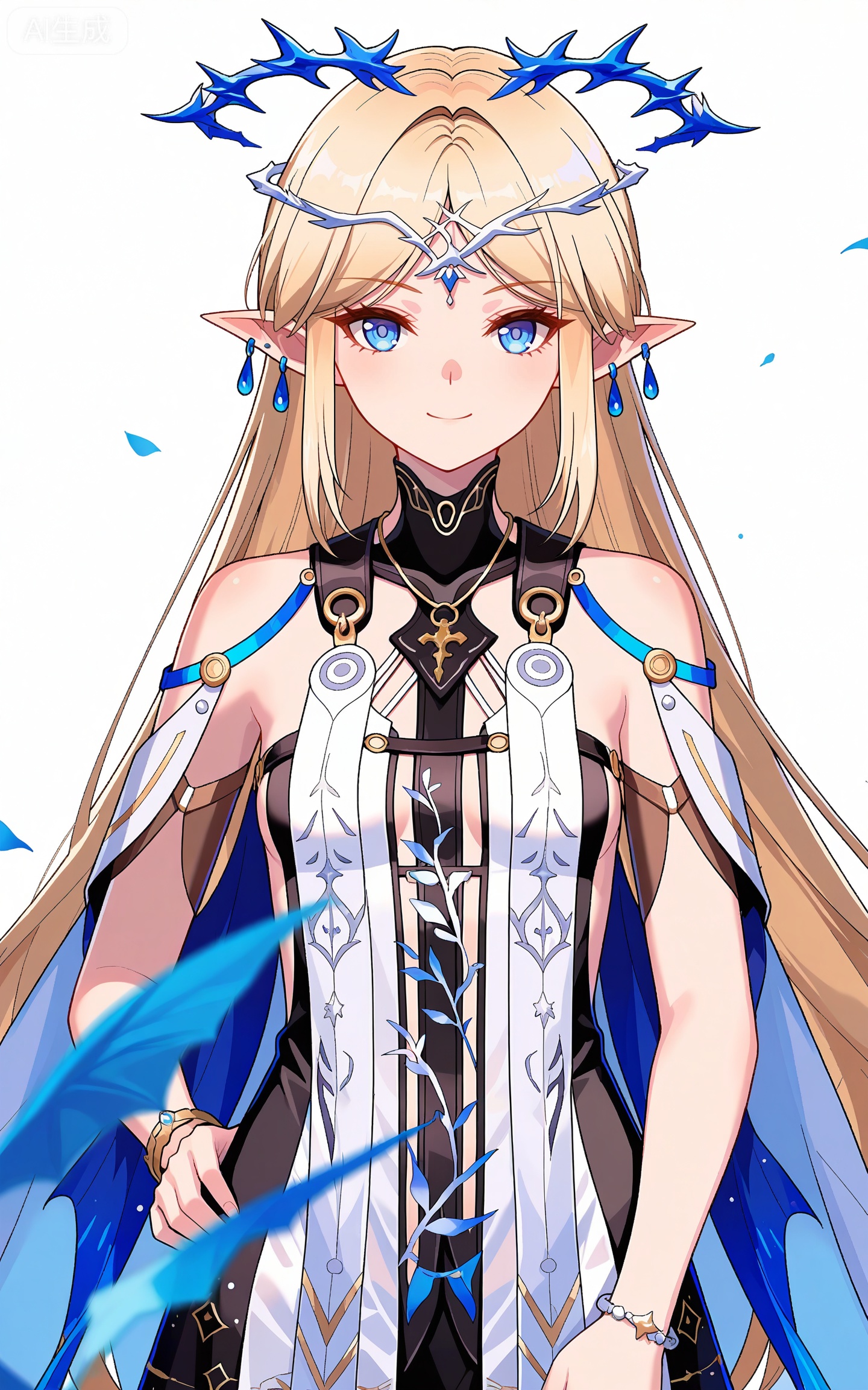 depth of field,masterpiece,best quality,very aesthetic,alternate costume,alternate costume,2024,2023,perfect composition,ultra-detailed,extreme aesthetic,masterpiece,best quality,good quality,newest,year 2024,year 2023,very aesthetic,absurdres,looking_at_viewer,colorful,
long hair,blonde hair,blue eyes,pointy_ears,french braid,parted bangs,katixiya circlet,clothes:katixiya white an blue dress,katixiya short dress,katixiya high-heeled sandals,katixiya blue cape,1girl,solo,breasts,jewelry,small breasts,upper body,bare shoulders,looking at viewer,earrings,smile,closed mouth,very long hair,water,