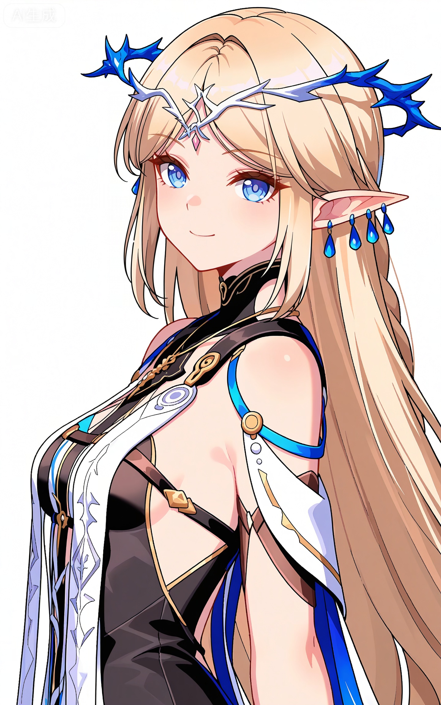 depth of field,masterpiece,best quality,very aesthetic,alternate costume,alternate costume,2024,2023,perfect composition,ultra-detailed,extreme aesthetic,masterpiece,best quality,good quality,newest,year 2024,year 2023,very aesthetic,absurdres,looking_at_viewer,colorful,
long hair,blonde hair,blue eyes,pointy_ears,french braid,parted bangs,katixiya circlet,clothes:katixiya white an blue dress,katixiya short dress,katixiya high-heeled sandals,katixiya blue cape,1girl,solo,breasts,jewelry,small breasts,upper body,bare shoulders,looking at viewer,earrings,smile,closed mouth,very long hair,water,