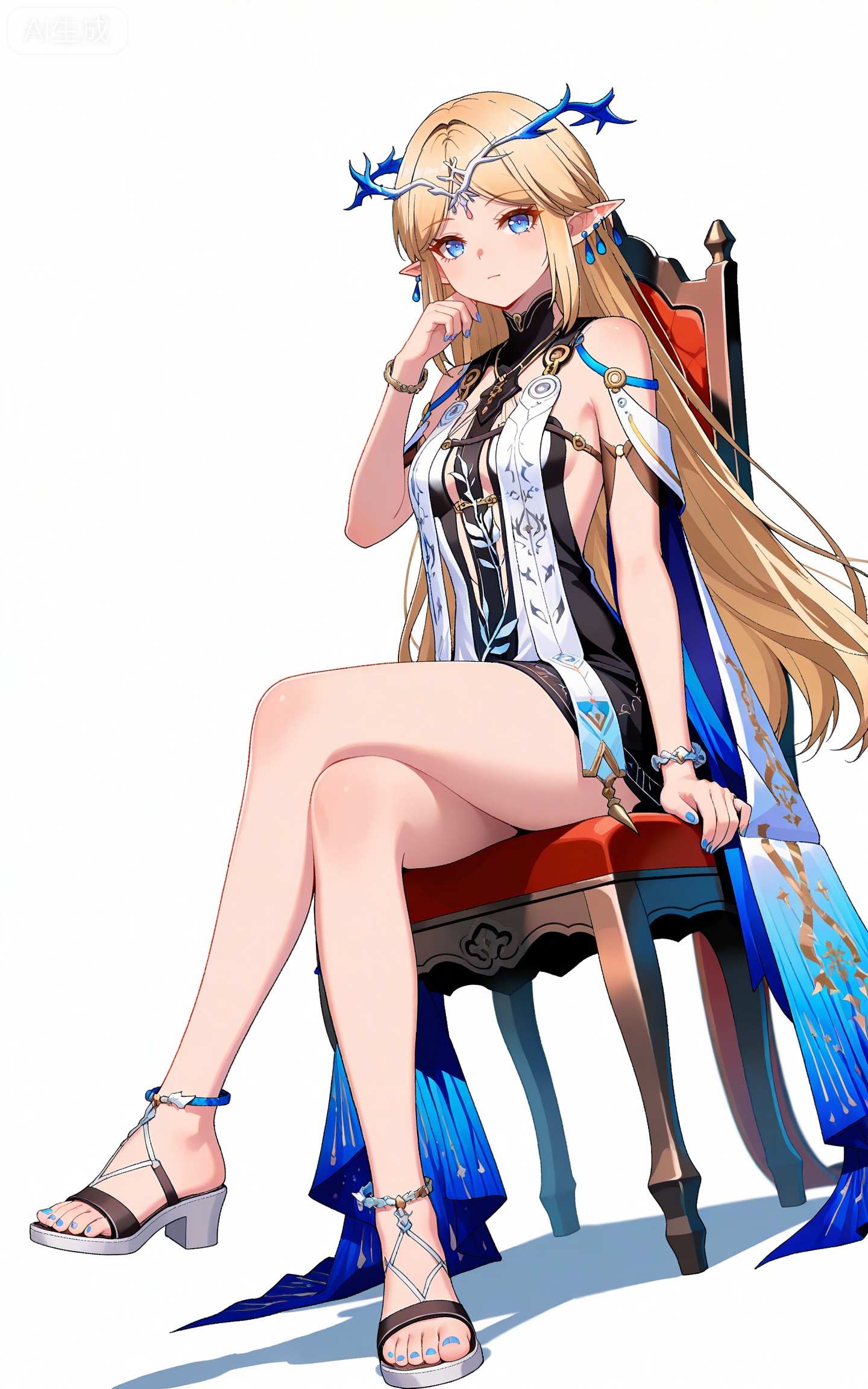 depth of field,masterpiece,best quality,very aesthetic,alternate costume,alternate costume,2024,2023,perfect composition,ultra-detailed,extreme aesthetic,masterpiece,best quality,good quality,newest,year 2024,year 2023,very aesthetic,absurdres,looking_at_viewer,colorful,
french braid,parted bangs,long hair,blonde hair,blue eyes,pointy_ears,clothes:katixiya white an blue dress,katixiya short dress,katixiya high-heeled sandals,katixiya blue cape,1girl,solo,full body,jewelry,white background,looking at viewer,bare shoulders,earrings,breasts,simple background,toenails,arms at sides,toenail polish,closed mouth,blue nails,nail polish,bare legs,bracelet,toes,tachi-e,katixiya circlet,dynamic_angle,dutch angle,sitting,chair,crossed_legs,hand on face,