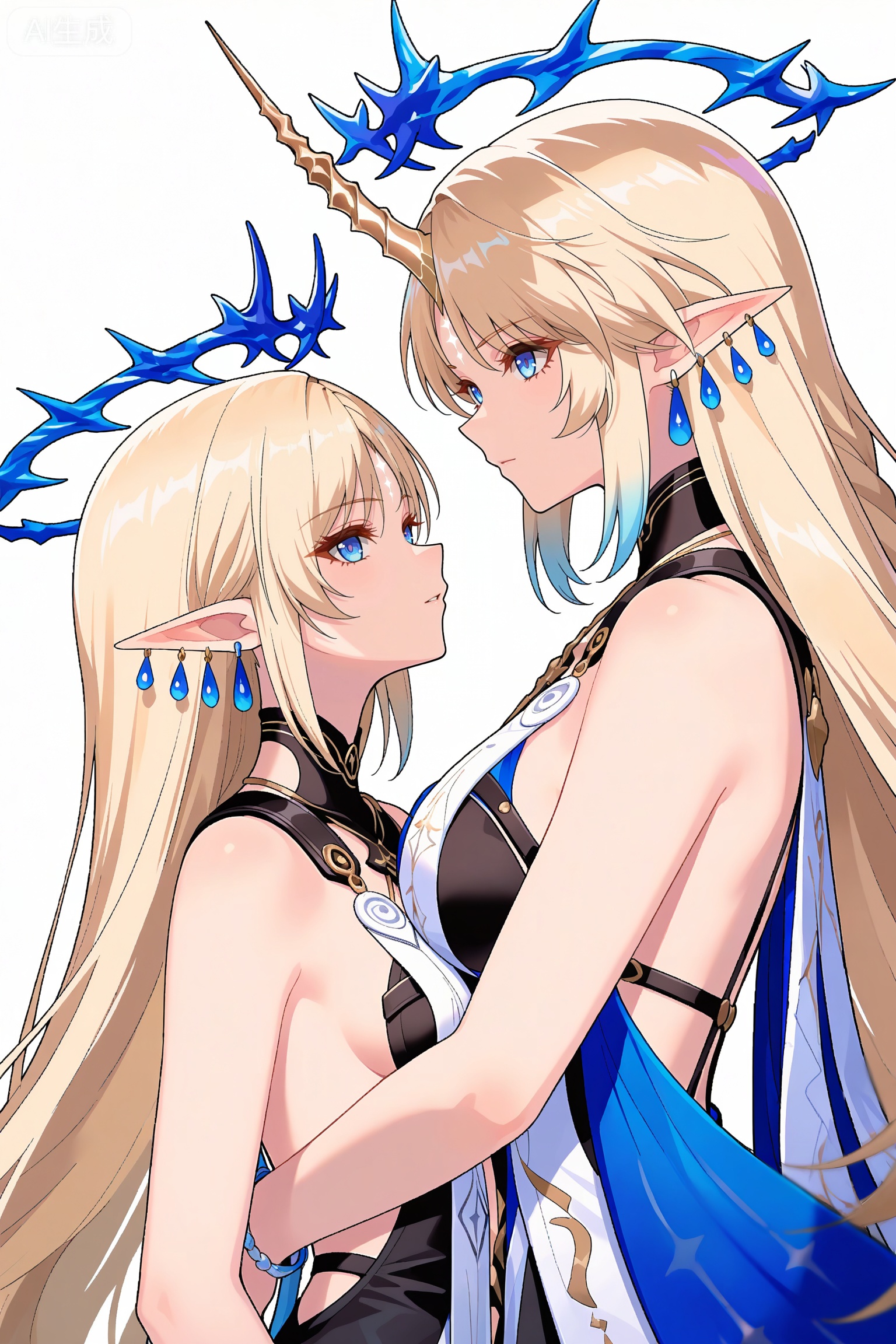 depth of field,masterpiece,best quality,very aesthetic,alternate costume,alternate costume,2024,2023,perfect composition,ultra-detailed,extreme aesthetic,masterpiece,best quality,good quality,newest,year 2024,year 2023,very aesthetic,absurdres,looking_at_viewer,colorful,
2girls,face to face,
long hair,blonde hair,blue eyes,pointy_ears,french braid,parted bangs,katixiya circlet,clothes:katixiya white an blue dress,katixiya short dress,katixiya high-heeled sandals,katixiya blue cape,breasts,jewelry,earrings,bare shoulders,white background,upper body,small breasts,very long hair,closed mouth,simple background,
long hair,blonde hair,blue eyes,pointy_ears,french braid,parted bangs,single horn,very long hair,facial mark,katixiyabig halo,clothes:katixiyabig white an blue dress,katixiyabig short dress,katixiyabig blue cape,katixiyabig sleeveless dress,breasts,upper body,bare shoulders,jewelry,white background,earrings,large breasts,simple background,parted lips,