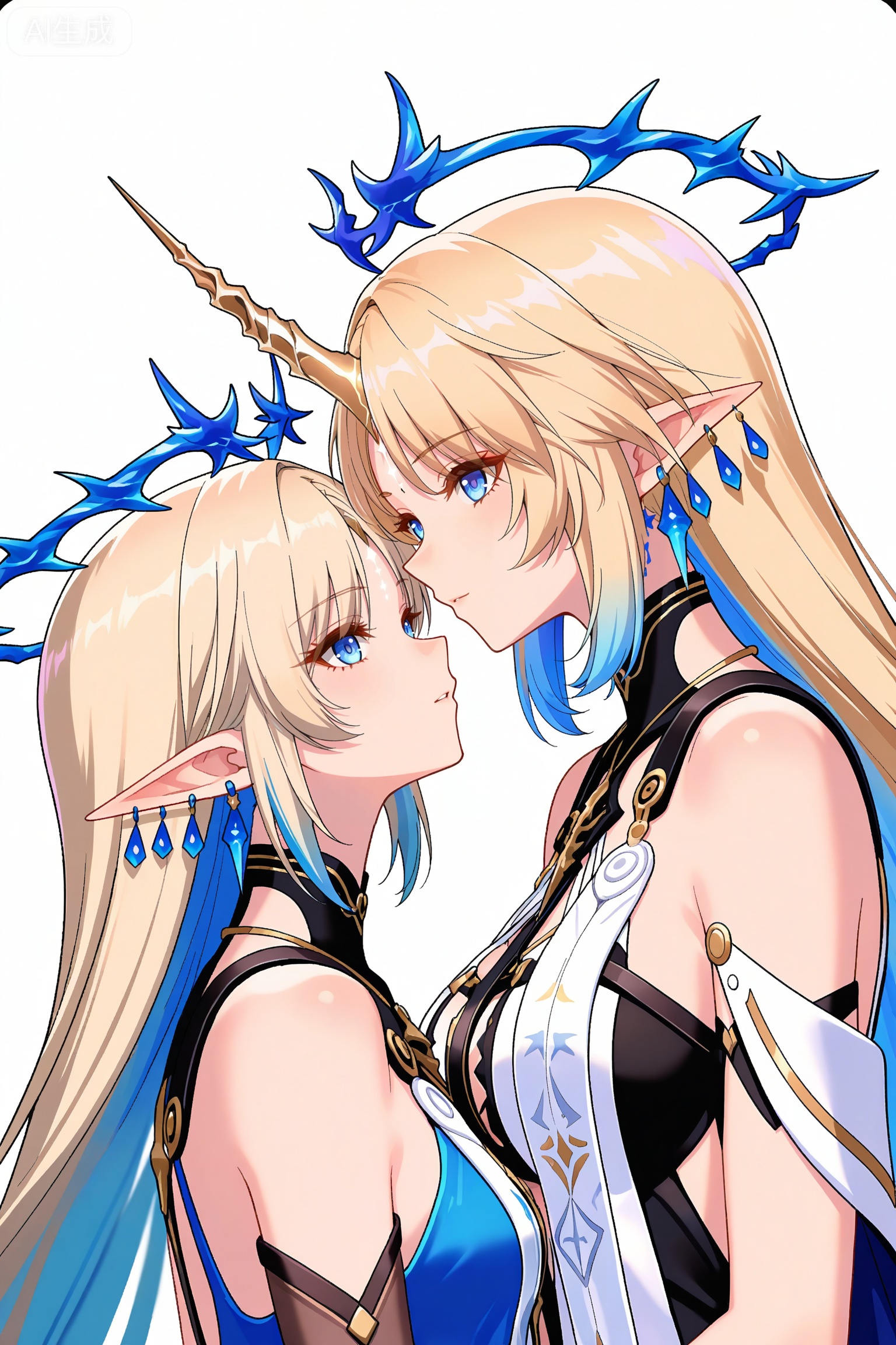 depth of field,masterpiece,best quality,very aesthetic,alternate costume,alternate costume,2024,2023,perfect composition,ultra-detailed,extreme aesthetic,masterpiece,best quality,good quality,newest,year 2024,year 2023,very aesthetic,absurdres,looking_at_viewer,colorful,
2girls,face to face,
long hair,blonde hair,blue eyes,pointy_ears,french braid,parted bangs,katixiya circlet,clothes:katixiya white an blue dress,katixiya short dress,katixiya high-heeled sandals,katixiya blue cape,breasts,jewelry,earrings,bare shoulders,white background,upper body,small breasts,very long hair,closed mouth,simple background,
long hair,blonde hair,blue eyes,pointy_ears,french braid,parted bangs,single horn,very long hair,facial mark,katixiyabig halo,clothes:katixiyabig white an blue dress,katixiyabig short dress,katixiyabig blue cape,katixiyabig sleeveless dress,breasts,upper body,bare shoulders,jewelry,white background,earrings,large breasts,simple background,parted lips,