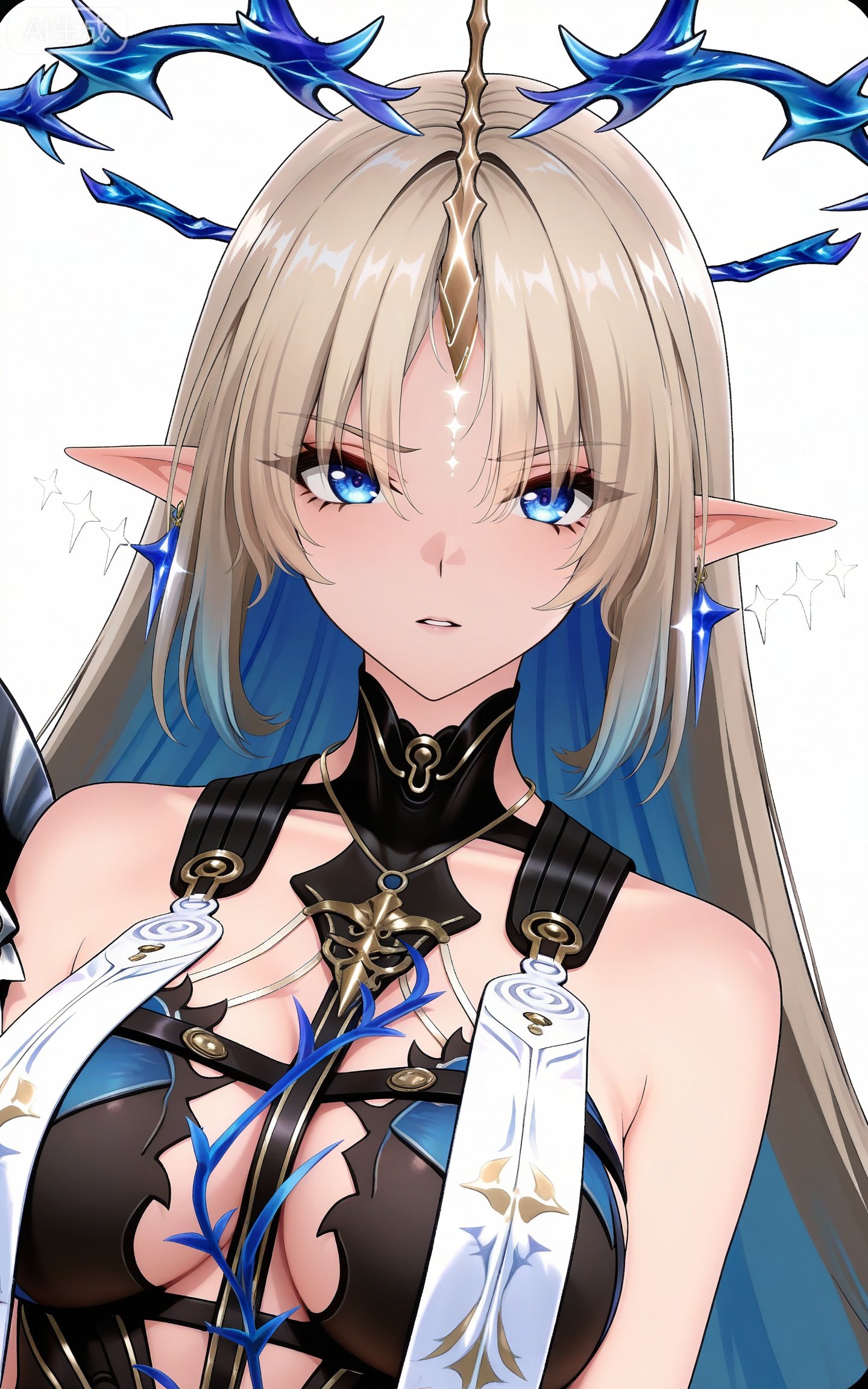 depth of field,masterpiece,best quality,very aesthetic,alternate costume,alternate costume,2024,2023,perfect composition,ultra-detailed,extreme aesthetic,masterpiece,best quality,good quality,newest,year 2024,year 2023,very aesthetic,absurdres,looking_at_viewer,colorful,
long hair,blonde hair,blue eyes,pointy_ears,french braid,parted bangs,single horn,very long hair,facial mark,katixiyabig halo,clothes:katixiyabig white an blue dress,katixiyabig short dress,katixiyabig blue cape,katixiyabig sleeveless dress,1girl,solo,breasts,looking at viewer,upper body,bare shoulders,jewelry,white background,earrings,large breasts,simple background,parted lips,dutch angle,dynamic_angle,