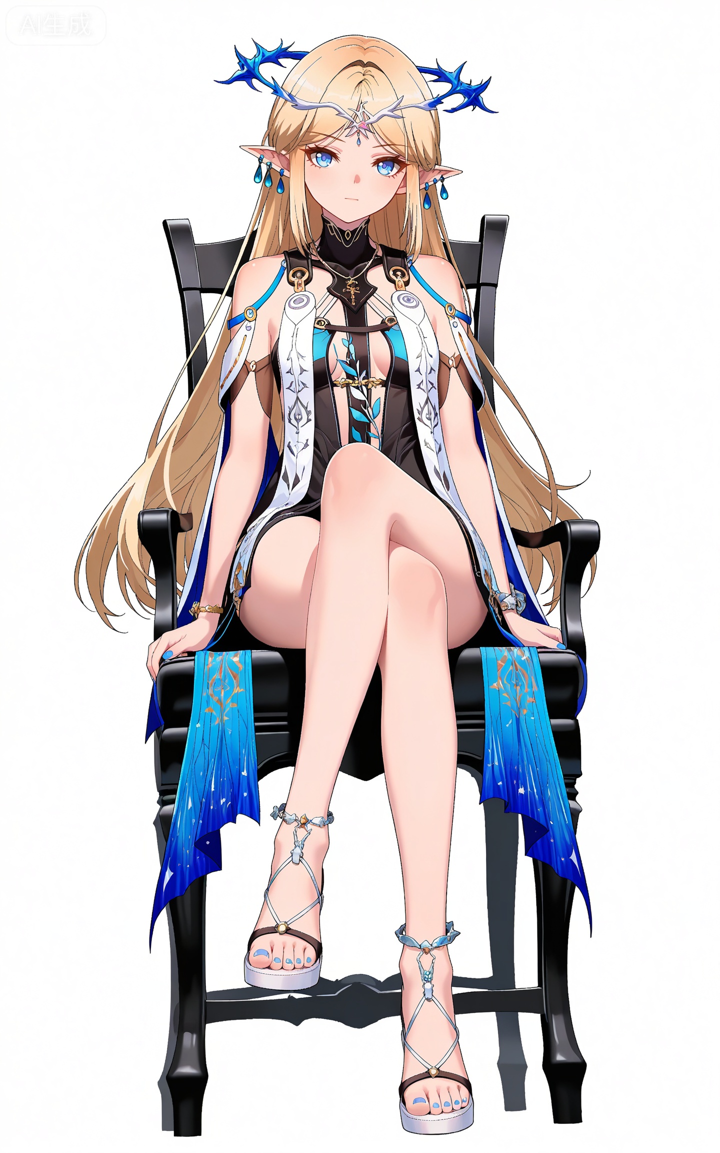 depth of field,masterpiece,best quality,very aesthetic,alternate costume,alternate costume,2024,2023,perfect composition,ultra-detailed,extreme aesthetic,masterpiece,best quality,good quality,newest,year 2024,year 2023,very aesthetic,absurdres,looking_at_viewer,colorful,
french braid,parted bangs,long hair,blonde hair,blue eyes,pointy_ears,clothes:katixiya white an blue dress,katixiya short dress,katixiya high-heeled sandals,katixiya blue cape,1girl,solo,full body,jewelry,white background,looking at viewer,bare shoulders,earrings,breasts,simple background,toenails,arms at sides,toenail polish,closed mouth,blue nails,nail polish,bare legs,bracelet,toes,tachi-e,katixiya circlet,dynamic_angle,dutch angle,sitting,chair,crossed_legs,hand on face,