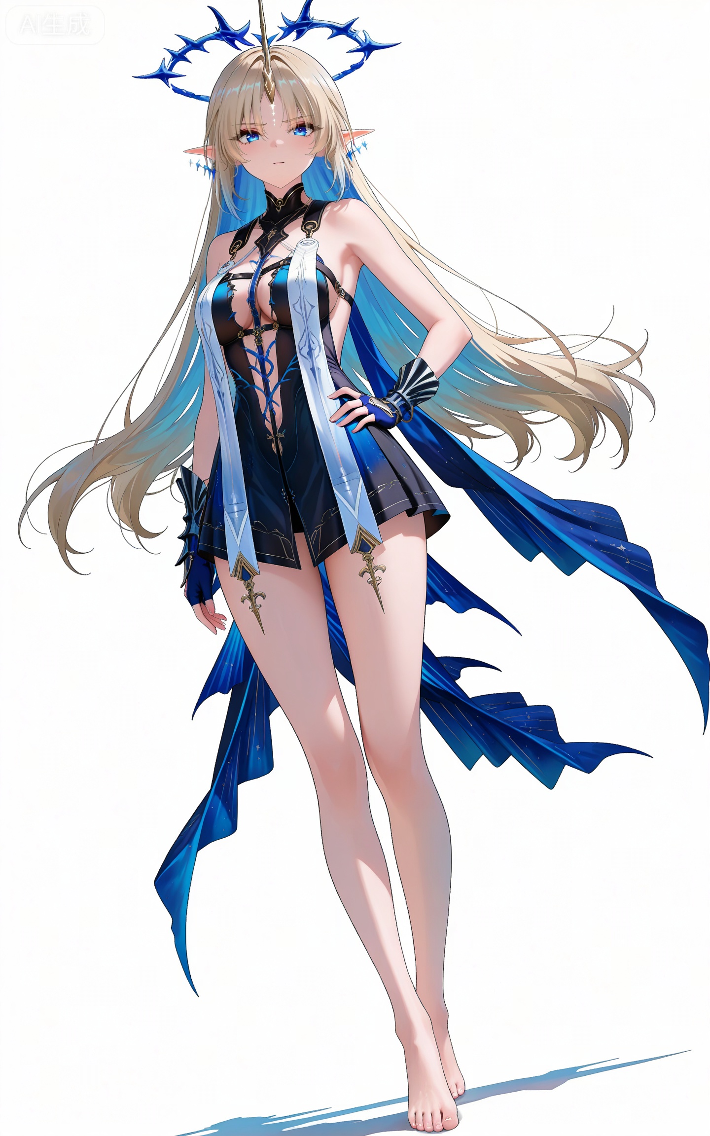 depth of field,masterpiece,best quality,very aesthetic,alternate costume,alternate costume,2024,2023,perfect composition,ultra-detailed,extreme aesthetic,masterpiece,best quality,good quality,newest,year 2024,year 2023,very aesthetic,absurdres,looking_at_viewer,colorful,
facial mark,long hair,blonde hair,blue eyes,pointy_ears,french braid,parted bangs,single horn,very long hair,katixiyabig halo,clothes:katixiyabig white an blue dress,katixiyabig short dress,katixiyabig blue cape,katixiyabig blue fingerless gloves,katixiyabig sleeveless dress,1girl,solo,barefoot,breasts,full body,jewelry,looking at viewer,white background,bare shoulders,bare legs,simple background,earrings,,toenails,toes,medium breasts,standing,closed mouth,,dutch angle,dynamic_angle,hand on hip,high heels