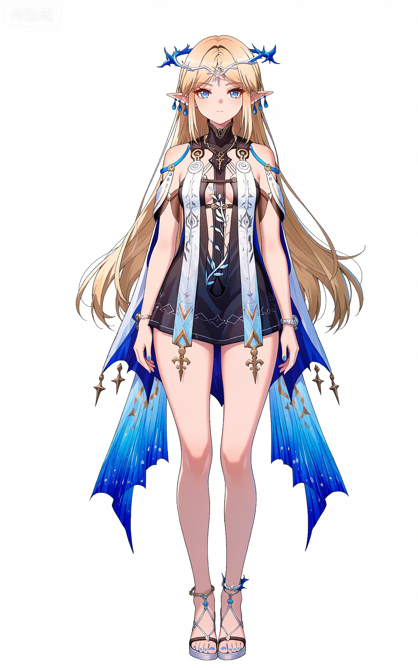 depth of field,masterpiece,best quality,very aesthetic,alternate costume,alternate costume,2024,2023,perfect composition,ultra-detailed,extreme aesthetic,masterpiece,best quality,good quality,newest,year 2024,year 2023,very aesthetic,absurdres,looking_at_viewer,colorful,
french braid,parted bangs,long hair,blonde hair,blue eyes,pointy_ears,clothes:katixiya white an blue dress,katixiya short dress,katixiya high-heeled sandals,katixiya blue cape,1girl,solo,full body,jewelry,white background,looking at viewer,standing,bare shoulders,earrings,breasts,simple background,toenails,arms at sides,toenail polish,closed mouth,blue nails,nail polish,bare legs,bracelet,toes,tachi-e,katixiya circlet,dynamic_angle,dutch angle,