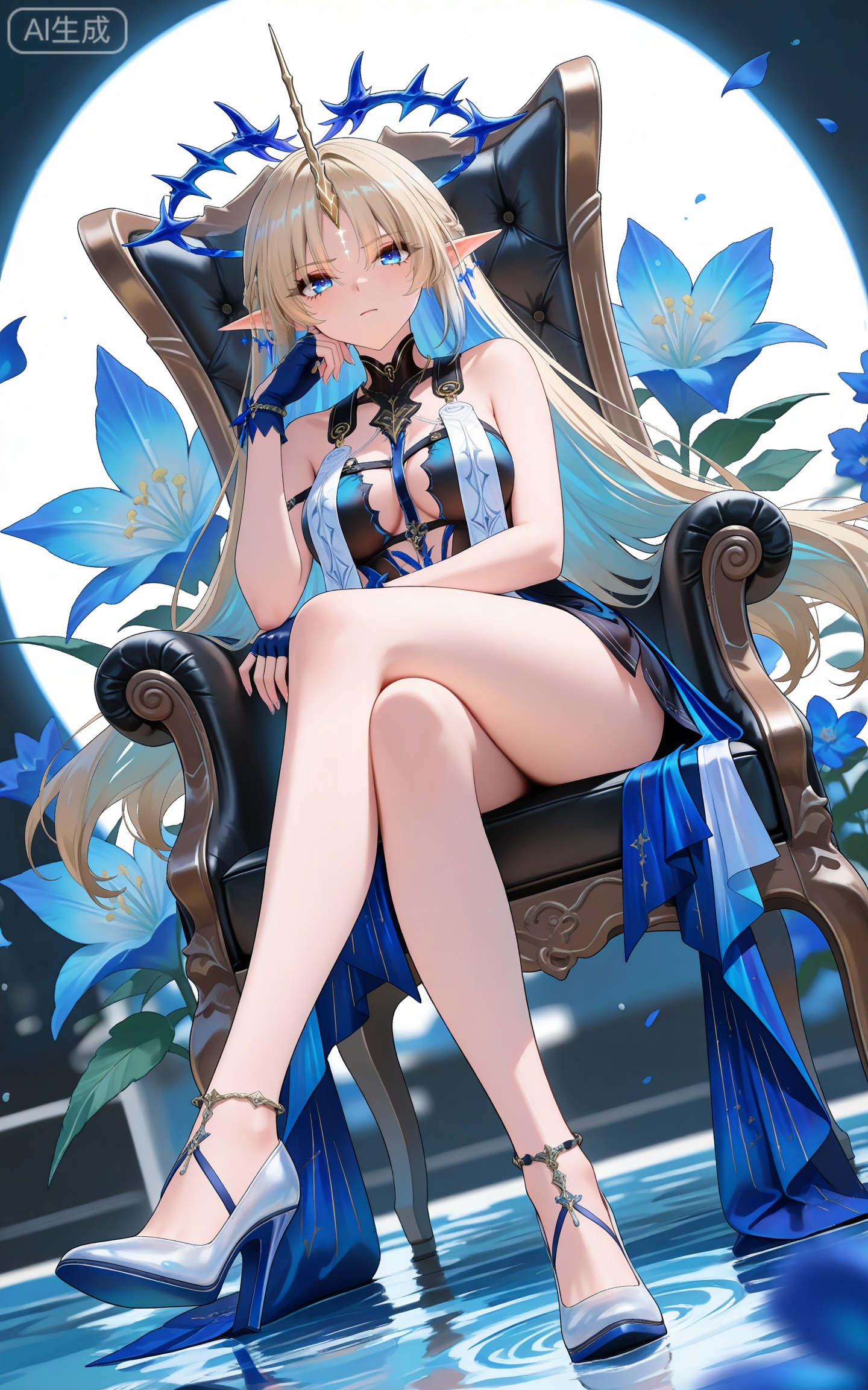 depth of field,masterpiece,best quality,very aesthetic,alternate costume,alternate costume,2024,2023,perfect composition,ultra-detailed,extreme aesthetic,masterpiece,best quality,good quality,newest,year 2024,year 2023,very aesthetic,absurdres,looking_at_viewer,colorful,
facial mark,long hair,blonde hair,blue eyes,pointy_ears,french braid,parted bangs,single horn,very long hair,katixiyabig halo,clothes:katixiyabig white an blue dress,katixiyabig short dress,katixiyabig blue cape,katixiyabig blue fingerless gloves,katixiyabig sleeveless dress,1girl,solo,breasts,full body,jewelry,looking at viewer,bare shoulders,bare legs,earrings,medium breasts,closed mouth,sitting,chair,crossed_legs,dutch angle,dynamic_angle,hand on face,flowers,abstract_background,water,high heels