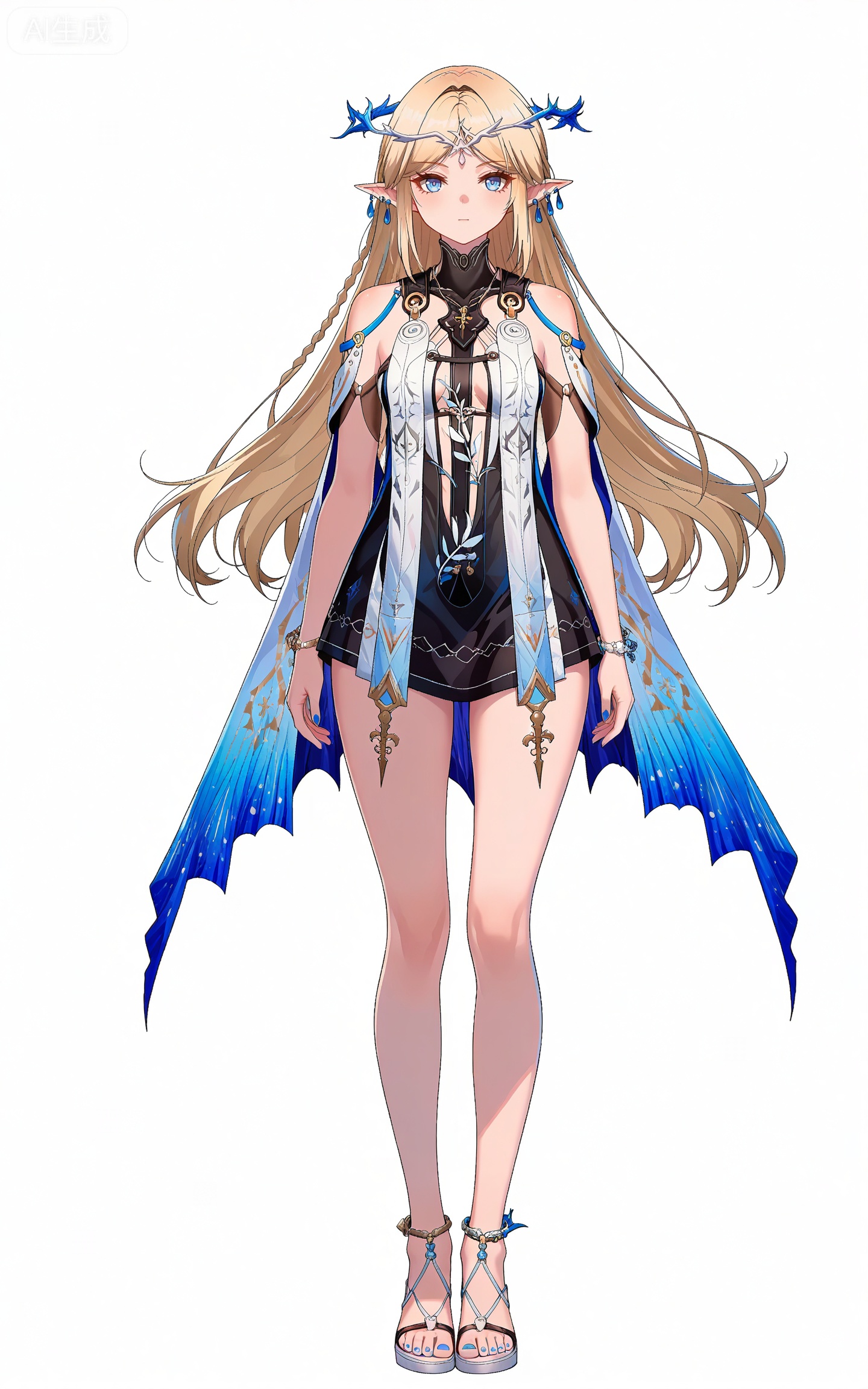 depth of field,masterpiece,best quality,very aesthetic,alternate costume,alternate costume,2024,2023,perfect composition,ultra-detailed,extreme aesthetic,masterpiece,best quality,good quality,newest,year 2024,year 2023,very aesthetic,absurdres,looking_at_viewer,colorful,
french braid,parted bangs,long hair,blonde hair,blue eyes,pointy_ears,clothes:katixiya white an blue dress,katixiya short dress,katixiya high-heeled sandals,katixiya blue cape,1girl,solo,full body,jewelry,white background,looking at viewer,standing,bare shoulders,earrings,breasts,simple background,toenails,arms at sides,toenail polish,closed mouth,blue nails,nail polish,bare legs,bracelet,toes,tachi-e,katixiya circlet,dynamic_angle,dutch angle,