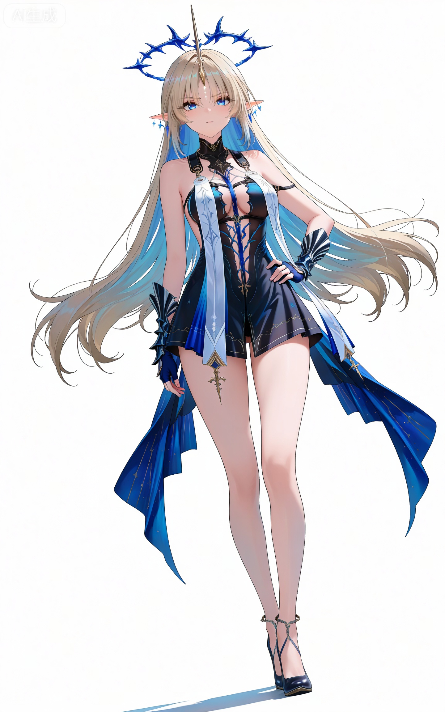 depth of field,masterpiece,best quality,very aesthetic,alternate costume,alternate costume,2024,2023,perfect composition,ultra-detailed,extreme aesthetic,masterpiece,best quality,good quality,newest,year 2024,year 2023,very aesthetic,absurdres,looking_at_viewer,colorful,
facial mark,long hair,blonde hair,blue eyes,pointy_ears,french braid,parted bangs,single horn,very long hair,katixiyabig halo,clothes:katixiyabig white an blue dress,katixiyabig short dress,katixiyabig blue cape,katixiyabig blue fingerless gloves,katixiyabig sleeveless dress,1girl,solo,breasts,full body,jewelry,looking at viewer,white background,bare shoulders,bare legs,simple background,earrings,,medium breasts,standing,closed mouth,,dutch angle,dynamic_angle,hand on hip,high heels