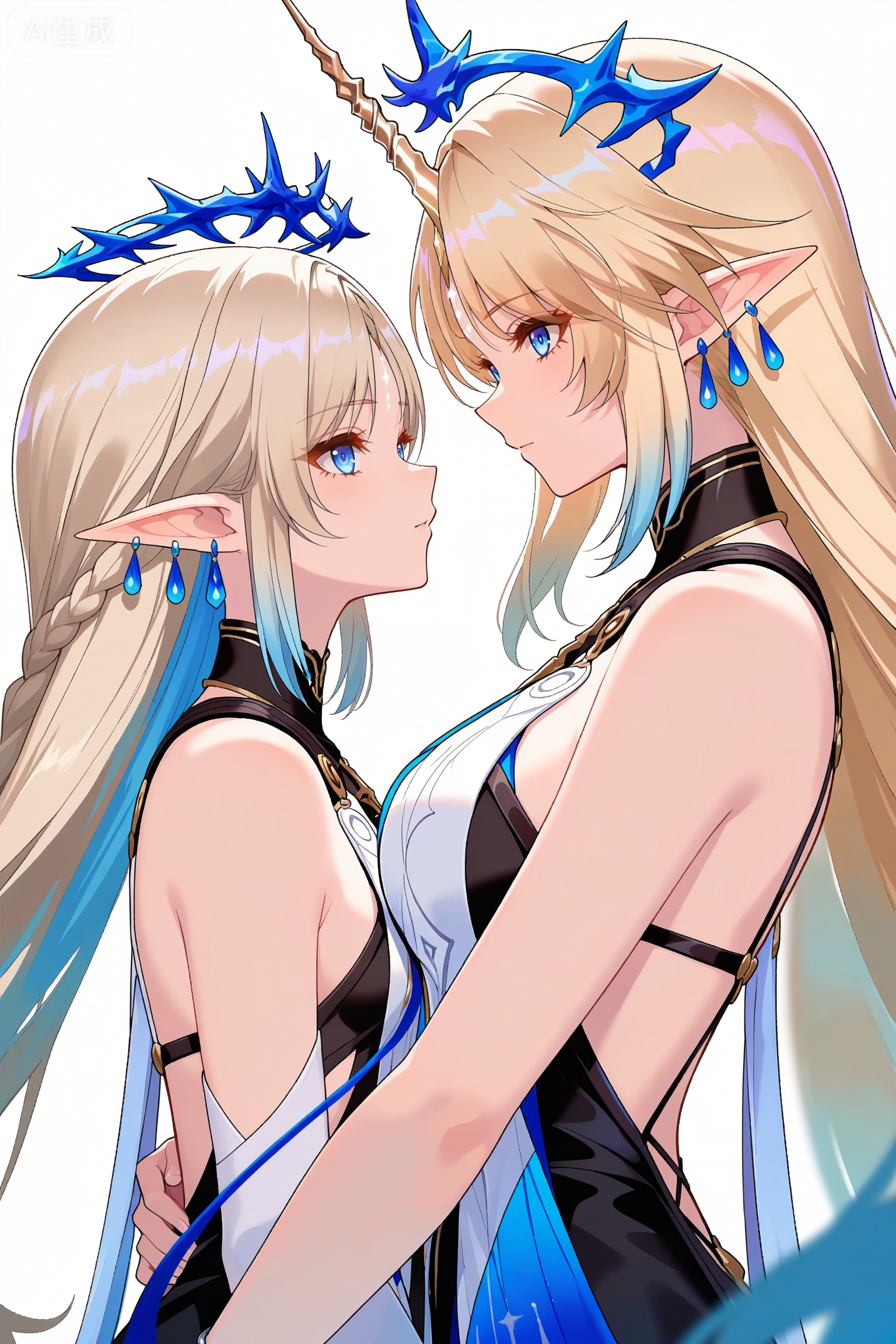 depth of field,masterpiece,best quality,very aesthetic,alternate costume,alternate costume,2024,2023,perfect composition,ultra-detailed,extreme aesthetic,masterpiece,best quality,good quality,newest,year 2024,year 2023,very aesthetic,absurdres,looking_at_viewer,colorful,
2girls,face to face,
long hair,blonde hair,blue eyes,pointy_ears,french braid,parted bangs,katixiya circlet,clothes:katixiya white an blue dress,katixiya short dress,katixiya high-heeled sandals,katixiya blue cape,breasts,jewelry,earrings,bare shoulders,white background,upper body,small breasts,very long hair,closed mouth,simple background,
long hair,blonde hair,blue eyes,pointy_ears,french braid,parted bangs,single horn,very long hair,facial mark,katixiyabig halo,clothes:katixiyabig white an blue dress,katixiyabig short dress,katixiyabig blue cape,katixiyabig sleeveless dress,breasts,upper body,bare shoulders,jewelry,white background,earrings,large breasts,simple background,parted lips,