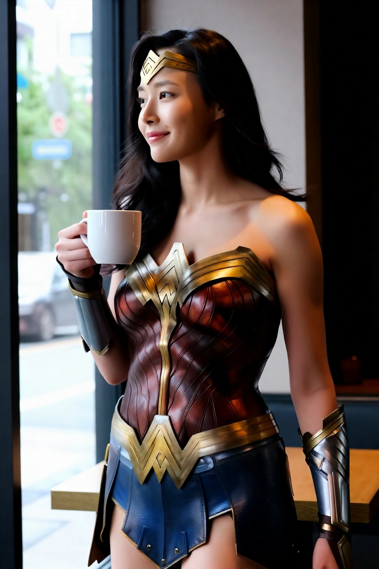 cinematic editorial portrait of Wonder Woman standing indoors at a cafe window,  head to mid-thigh framing,  1girl on Tens...