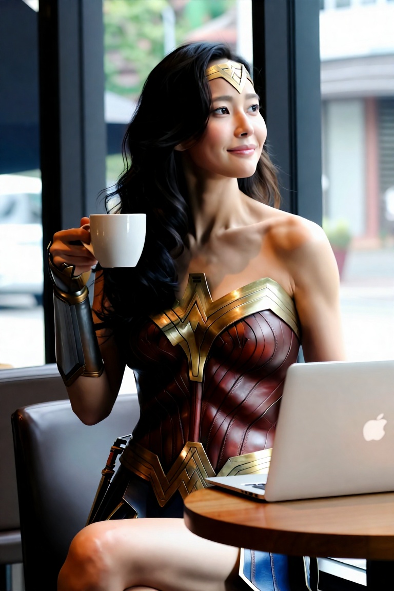 cinematic editorial portrait of Wonder Woman sitting indoors near a cafe window,  head to mid-thigh framing,  1girl on Ten...