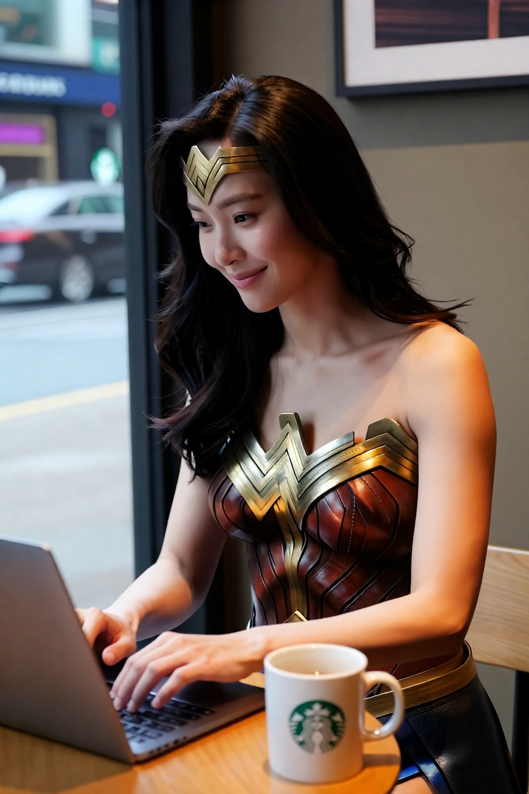cinematic editorial portrait of Wonder Woman working on a MacBook at a Starbucks café table,  head to mid-thigh framing,...