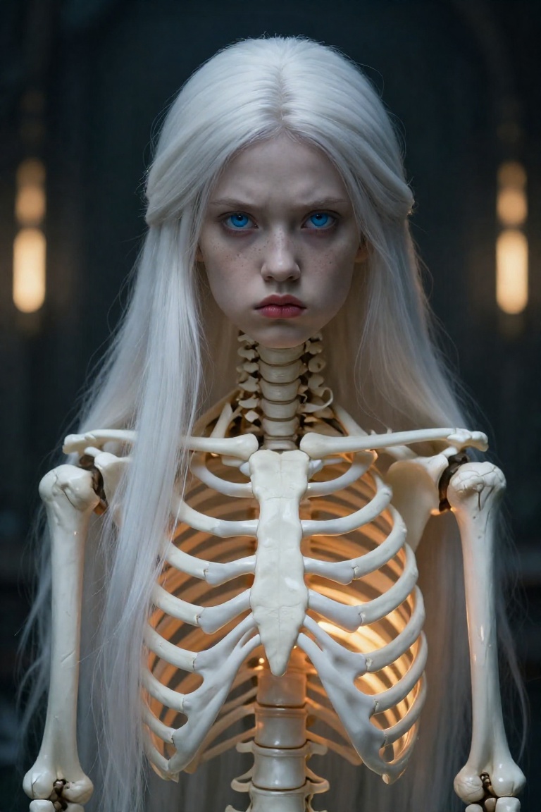 A breathtakingly beautiful young girl with long,  flowing platinum-white hair and piercing blue eyes,  her face adorned wi...